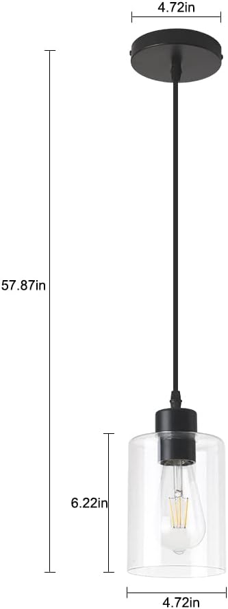 Modern Black Farmhouse Clear Glass Cylinder Pendant Light Fixture,Island Lights for Kitchen,Mini Pendant Lighting for Kitchen Island Decor - 4.75 Inch Shade, 2-58 Inch Cord(1 Pack)