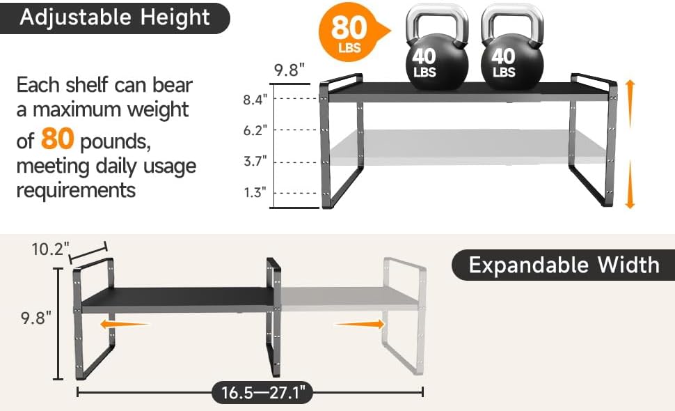 16.5~27.1" Expandable Shelf Organizer, 2Pack 8.1" Wide Stackable Cabinet Shelf Organizers, Black Metal Sturdy Kitchen Counter Storage for Countertop, Adjustable Height Spice Rack