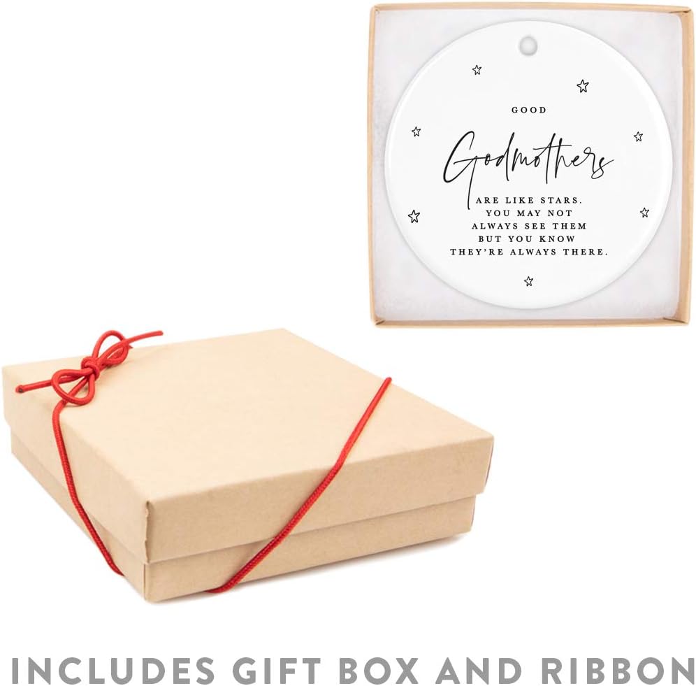 Andaz Press Round Ceramic Porcelain Christmas Ornament Collectible Godmother Gift, Good Godmothers are Like Stars. You May Not Always See Them But You Know They're Always There., 1-Pack