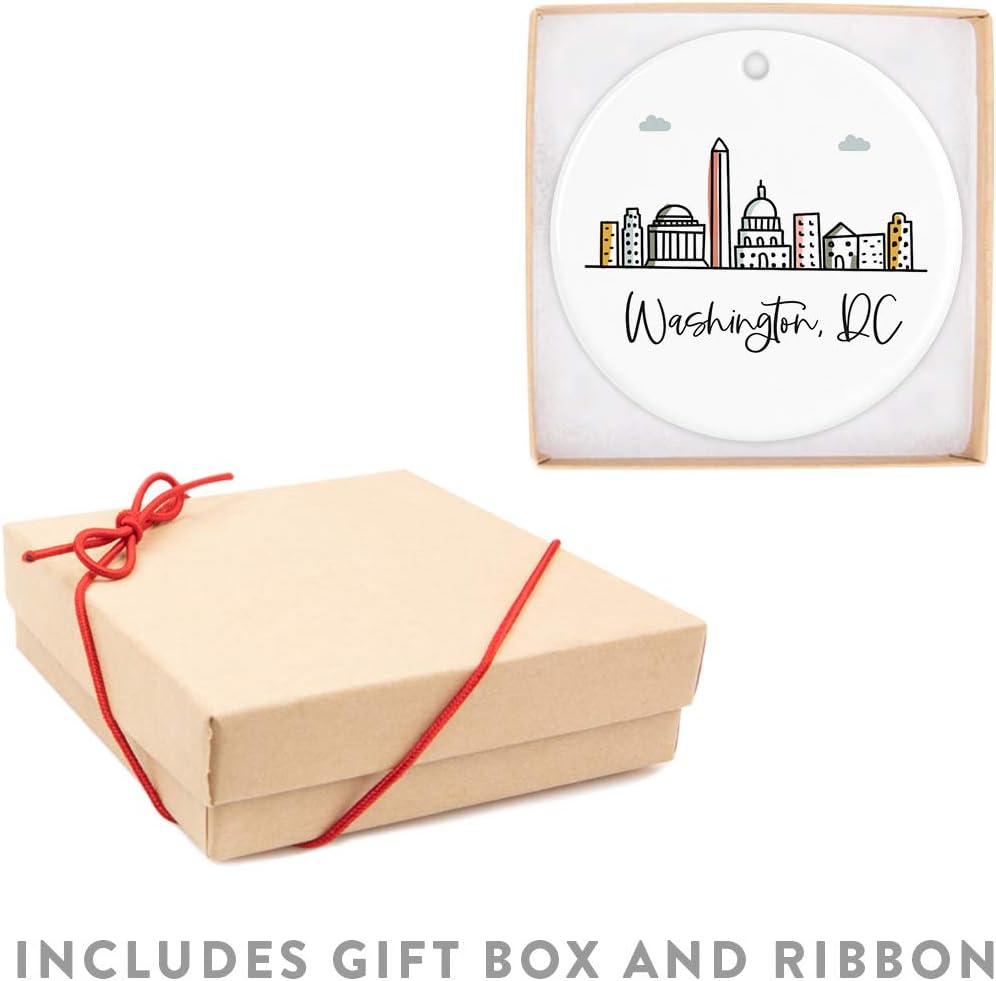 Andaz Press Round Ceramic Porcelain Christmas Tree Ornament Keepsake Gift, Washington, Dc, Colorful City Skyline Graphic, 1-Pack, Birthday Family Coworker Includes Gift Box Washington Dc Ornament 2024