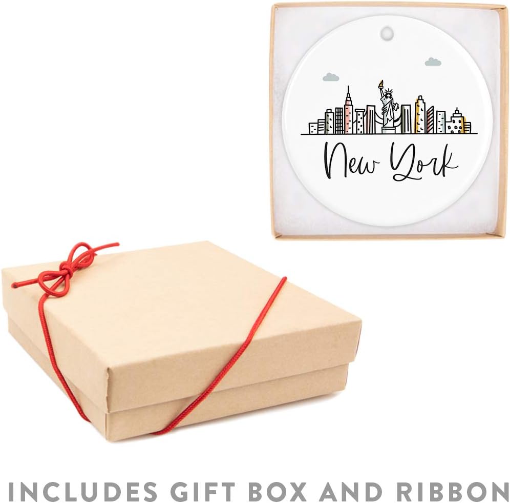 Andaz Press Round Ceramic Porcelain Christmas Tree Ornament Keepsake, New York Colorful City Skyline Graphic, 1-Pack, Birthday Gift Ideas for Family Coworker Him Her, Includes Gift Box