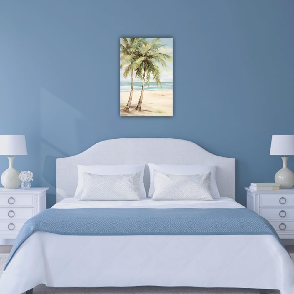 LURENCZH Tropical Beach Canvas Wall Art Seaside Palm Tree Picture Wall Decor Ocean Scenery Painting Prints for Bathroom Decor Framed(Beach-2,16.00" x 24.00")