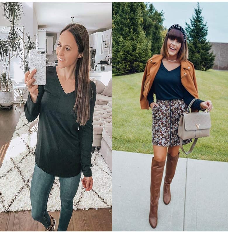 Tobrief Women's Long Sleeve V-Neck Shirts Fall Graphic Tees Loose Casual T-Shirt