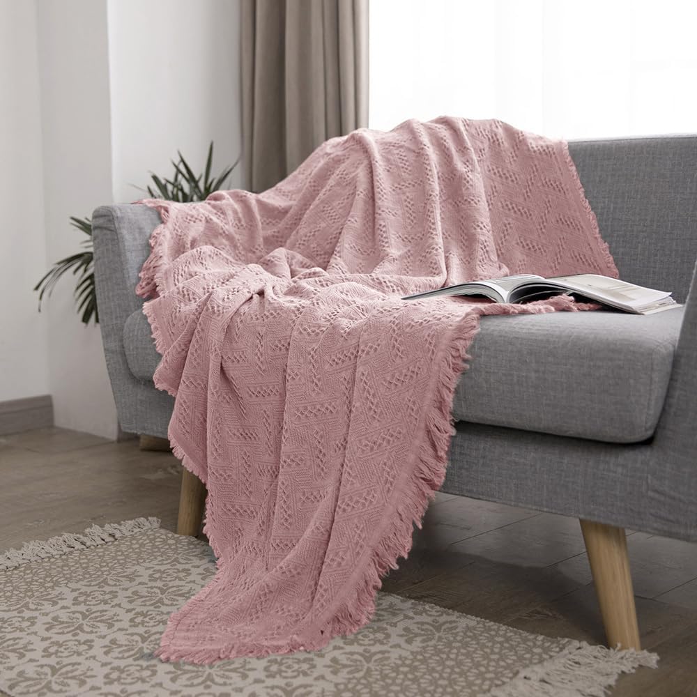 Simple&Opulence 100% Cotton Throw Blanket for Bed, Couch, Boho Luxury Geometric Knit Woven Blanket with Tassels Soft Lightweight Cozy Breathable, Vintage Farmhouse Decoration for All-Season(Pink)