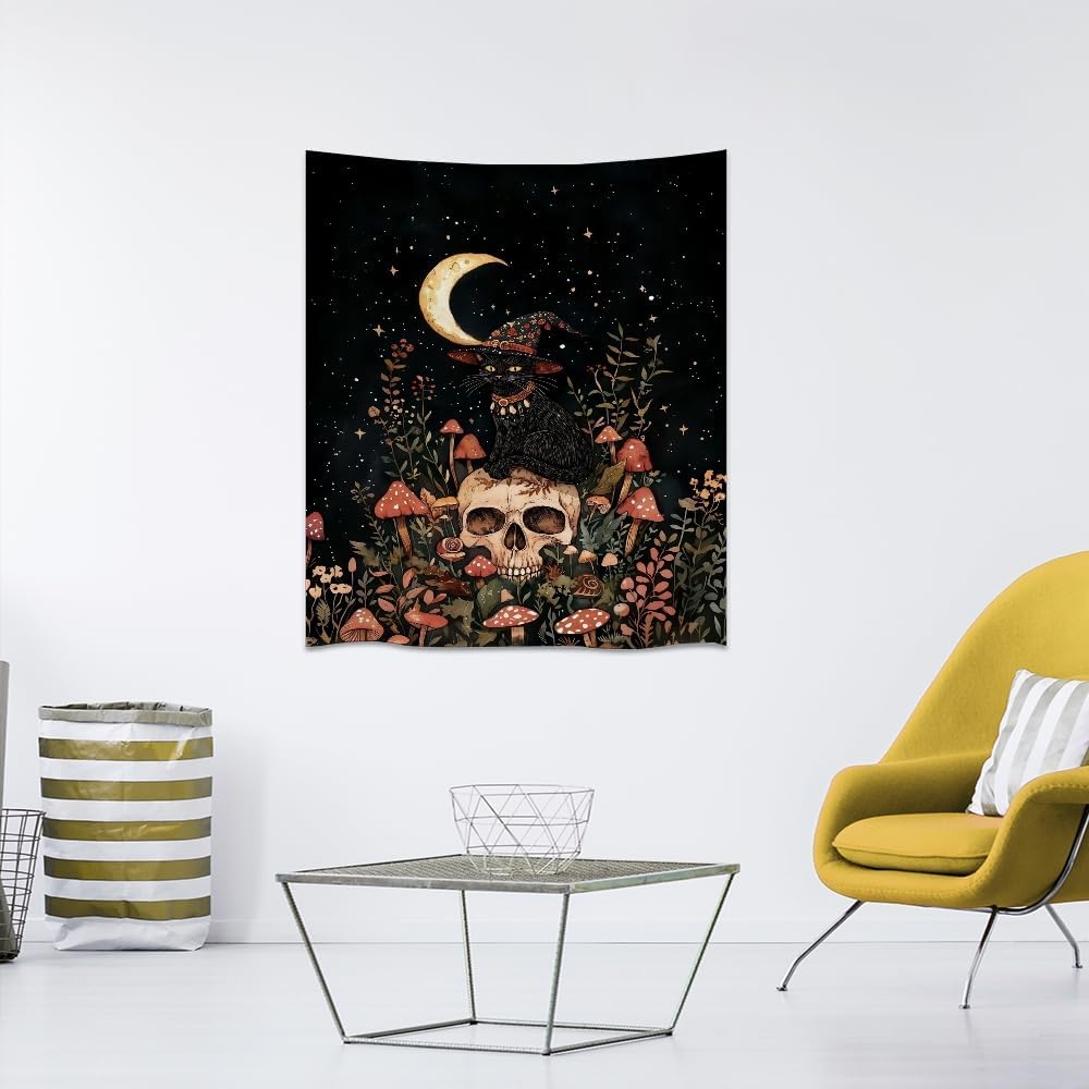 Halloween Witch Cat Tapestry Gothic Skull and Mushroom Artwork Print Spooky Halloween Witchy Wall Hanging Decor Black Cat Crescent Moon art Tapestries for Living Room Bedroom Decoration 60x80inch