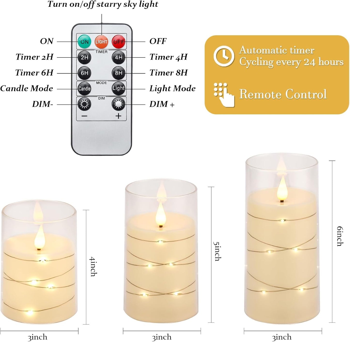 Aignis Flickering Flameless Candles Battery Operated Candles LED Candles with Remote Timer for Home/Wedding/Birthday/Holiday Decor, Warm White 3D Flame Set of 3 (D3 xH4 5" 6")