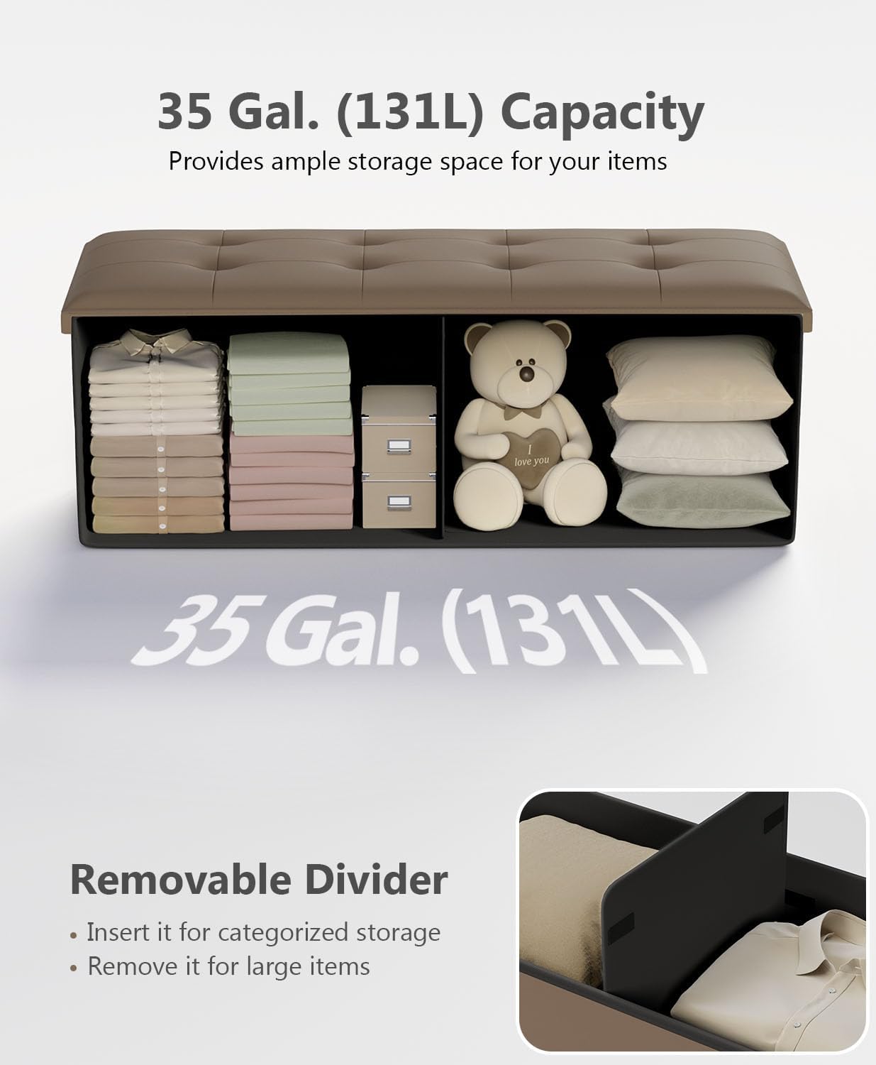 Storage Ottoman Bench, Folding Ottoman Foot Rest, End of Bed Bench,Storage Chest, for Living Room, Bedroom, Hallway, Entryway, Holds up to 700 lb (BROWN1, 43")