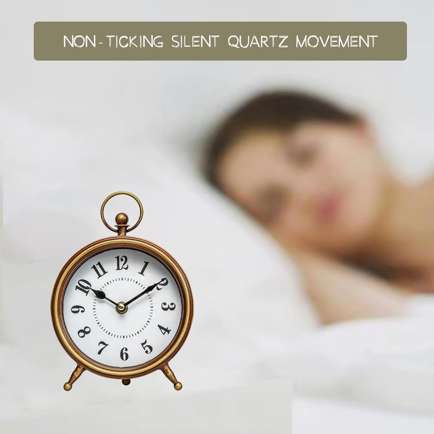 Small Gold Table and Shelf Desk Clock,Vintage Small Table Clock on Stand, Decorative Desk and Shelf Clock Farmhouse Mantel Non-Ticking Clock Rustic Metal Frame with Antique Gold Finish