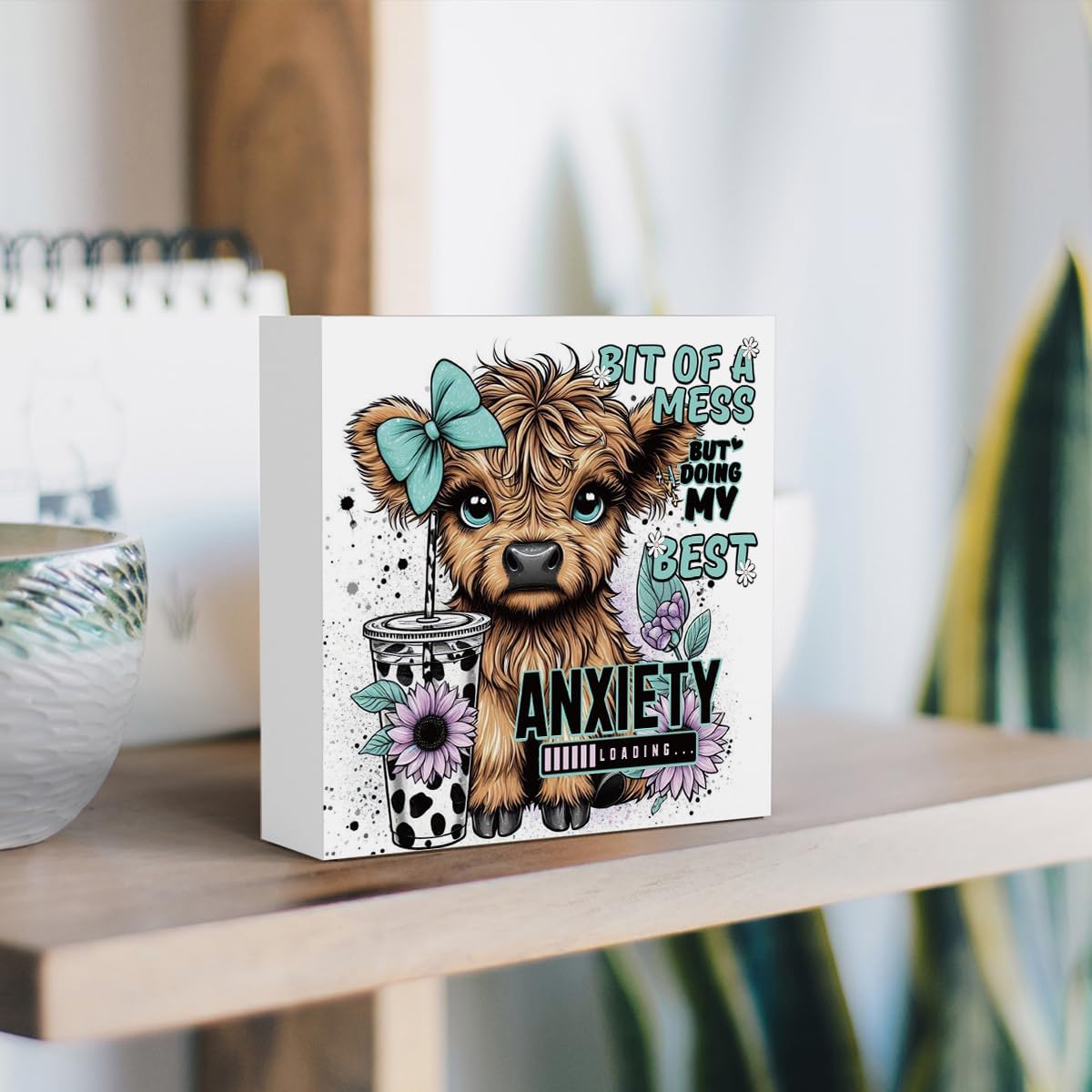 Highland Cow Western Sunflower Decor, Highland Cow Gifts for women, Highland Cow Baby Decor, Highland Cow Nursery Decor, Wooden Box Decor Sign for Home Farmhouse Office Living Room Table Shelf Tiered