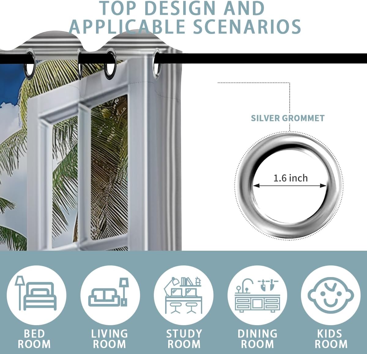 Beach Blackout Curtains for Girls Boys Teens Home Decor, Tropical Summer Scene Ocean Island Palm Tree Grommet Thermal Insulated Drapes Darkening Window Curtain for Bedroom Living Room, 72 x 63 Inch