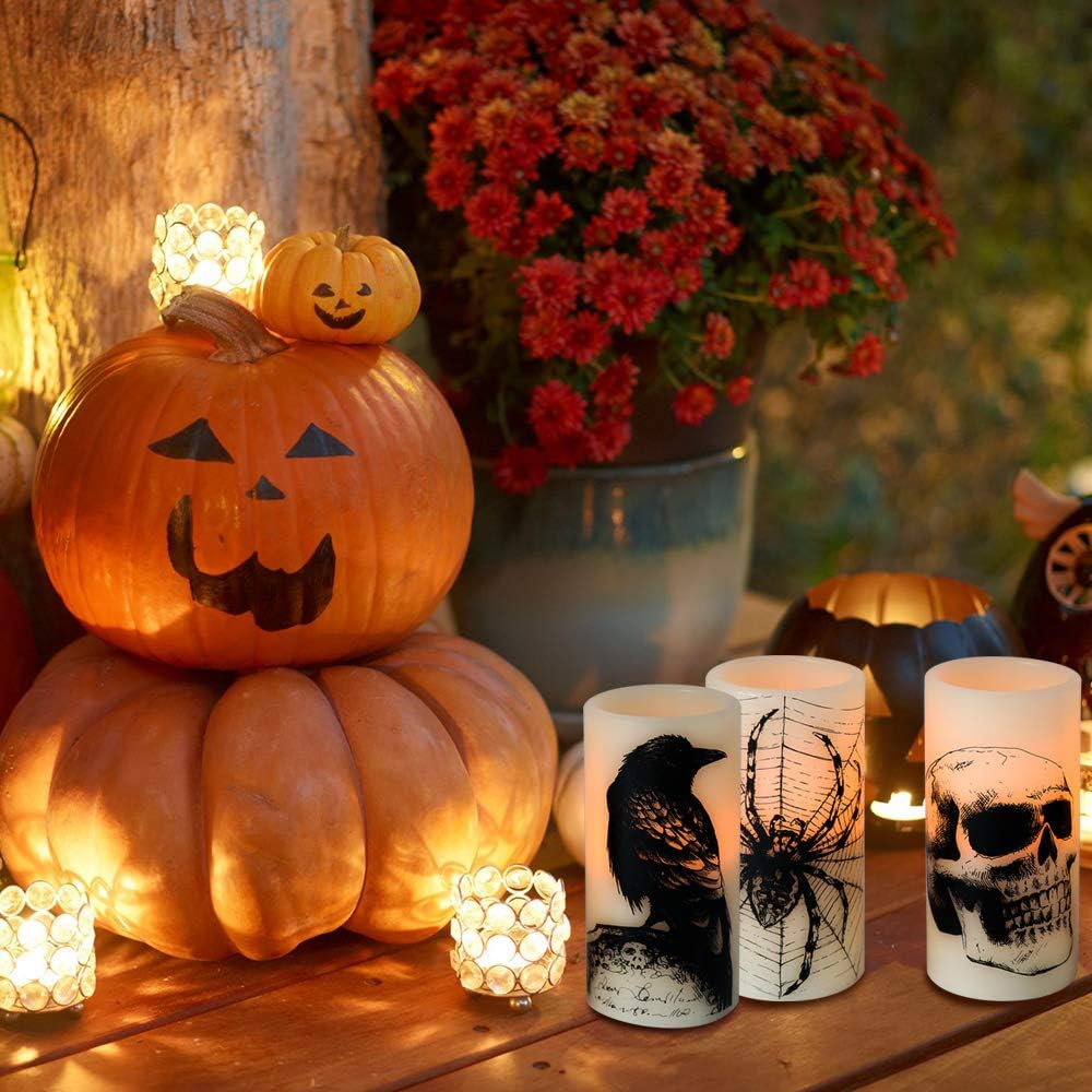 Wondise Halloween Flickering Flameless Candles with 6hrs Timer, Battery Operated LED Real Wax Candles Set of 3 Skull, Spider Web, Crow Raven Decals Halloween Home Decoration Gifts(3 x 3 x 6 Inch)