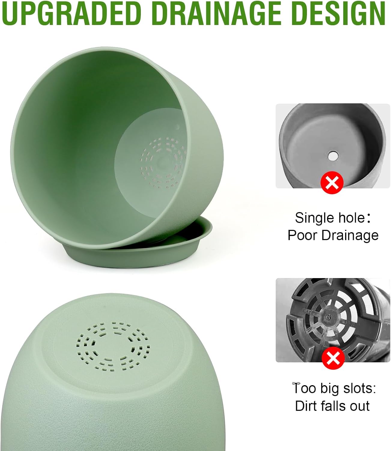 Medium Plant Pots 10/9/8 inch, Flower Pots for Indoor Outdoor Plants, Set of 3 Modern Decorative Plastic Planters with Drainage Holes and Saucers for House Porch Garden Plants, Green