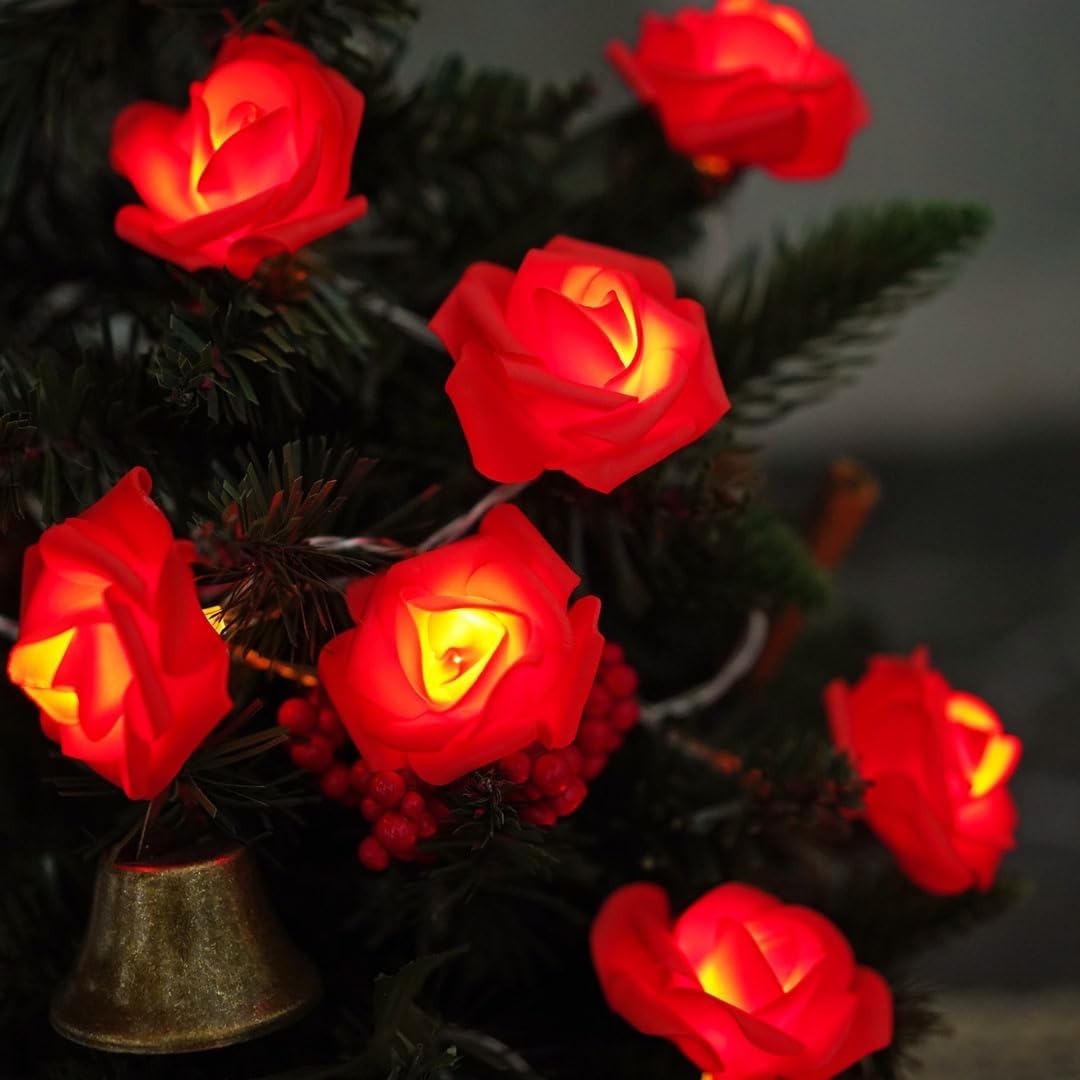 Everlasting Splashes LED Rose Flower Fairy String Lights Battery Operated Warm Flashing Light for Romantic Proposal Wedding Party Birthday Christmas Thanksgiving DIY Indoor OutdoorDecorations (Red)