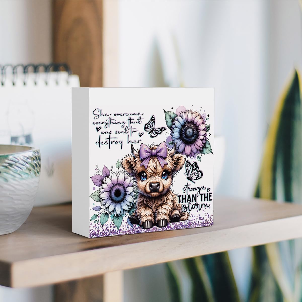 Cute Highland Cow Baby Decor, Highland Cow Sunflower Decor, Highland Cow Gifts for women, Highland Cow Nursery Decor, Wooden Box Decor Sign for Home Farmhouse Office Living Room Table Shelf