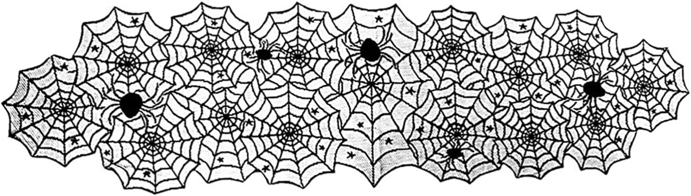 1-Pack Halloween Table Runner, Black Spider Stars Lace Table Runner, Gothic Kitchen Decor, Fall-Themed Party Decorations, Spider Web Reusable Home Accent, 18 x 72 Inches