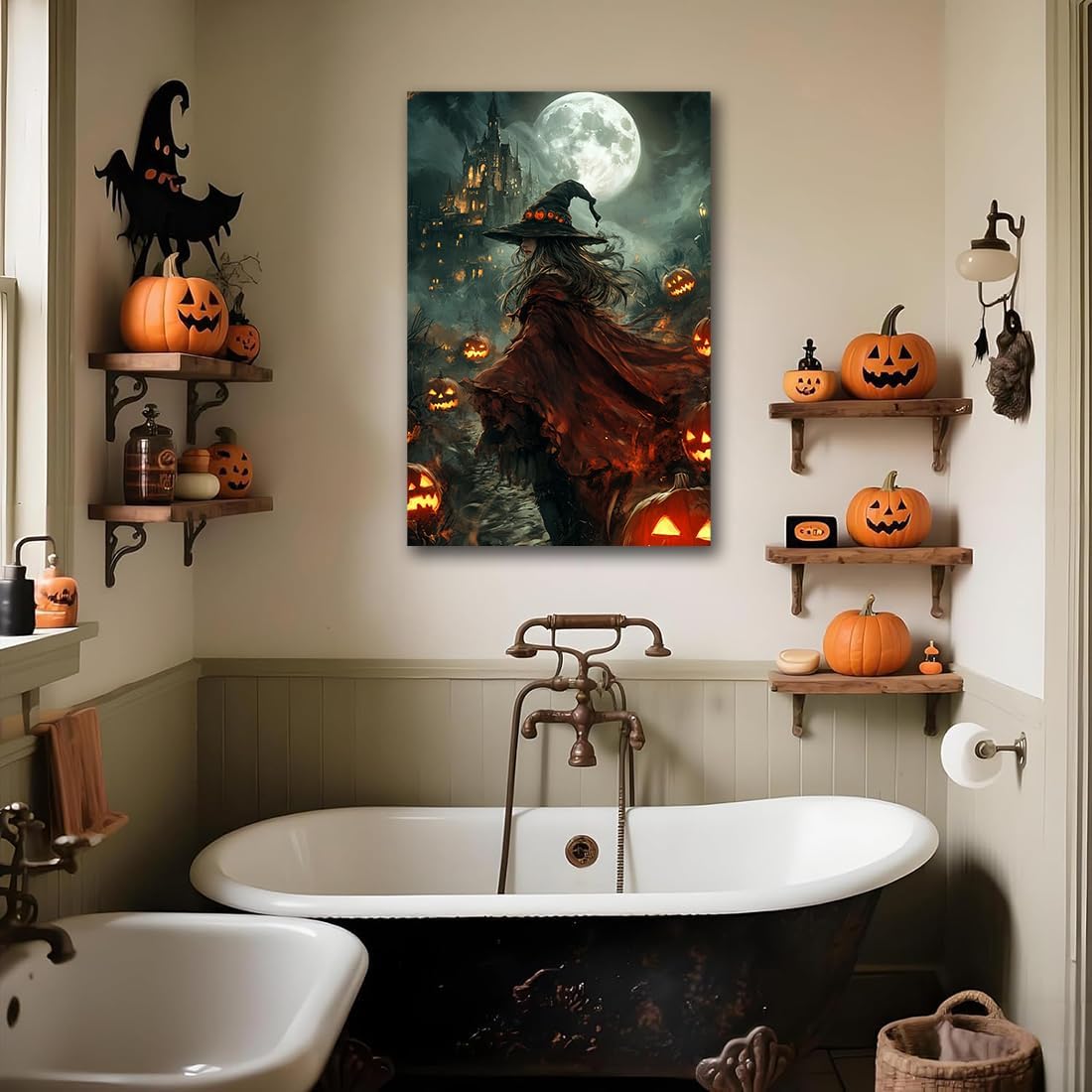 Dark and Moody Gothic Witch Poster Wall Art,Vintage Rustic Witch in Cloak with Castle Pumpkin Road Dark Gothic Poster,Goth Spooky Season Halloween Prints for Fantasy Office,20"x30" Unframed