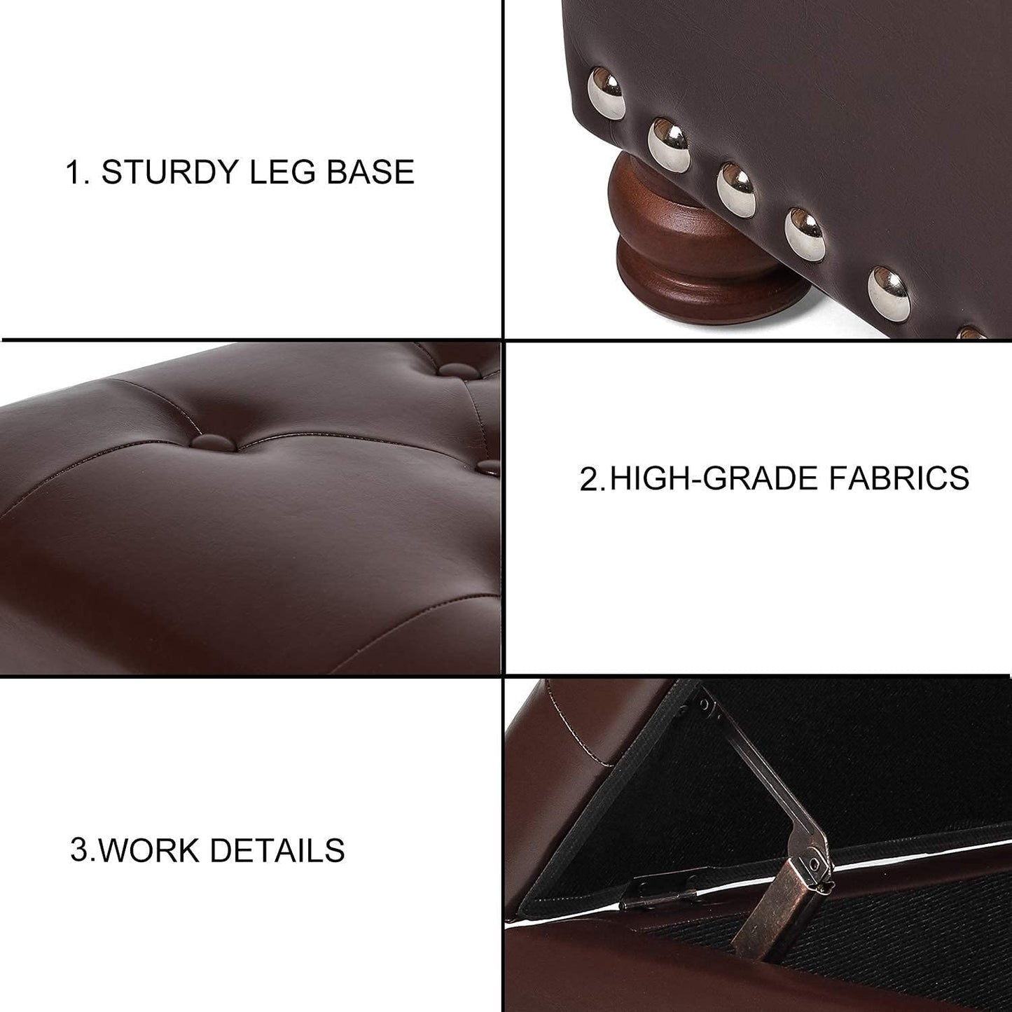 Leather Storage Ottoman Bench Foot Rest Stool with Nailhead Trim (Dark Brown - Button Tufted Leather)