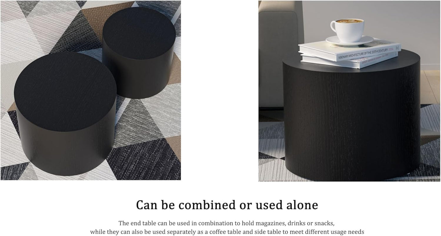 Nesting Coffee Table Set of 2, Round Side Tables Set, Wooden Accent Table, Modern End Tables, Minimalist Circle Table for Small Space Living Room Bedroom, Black