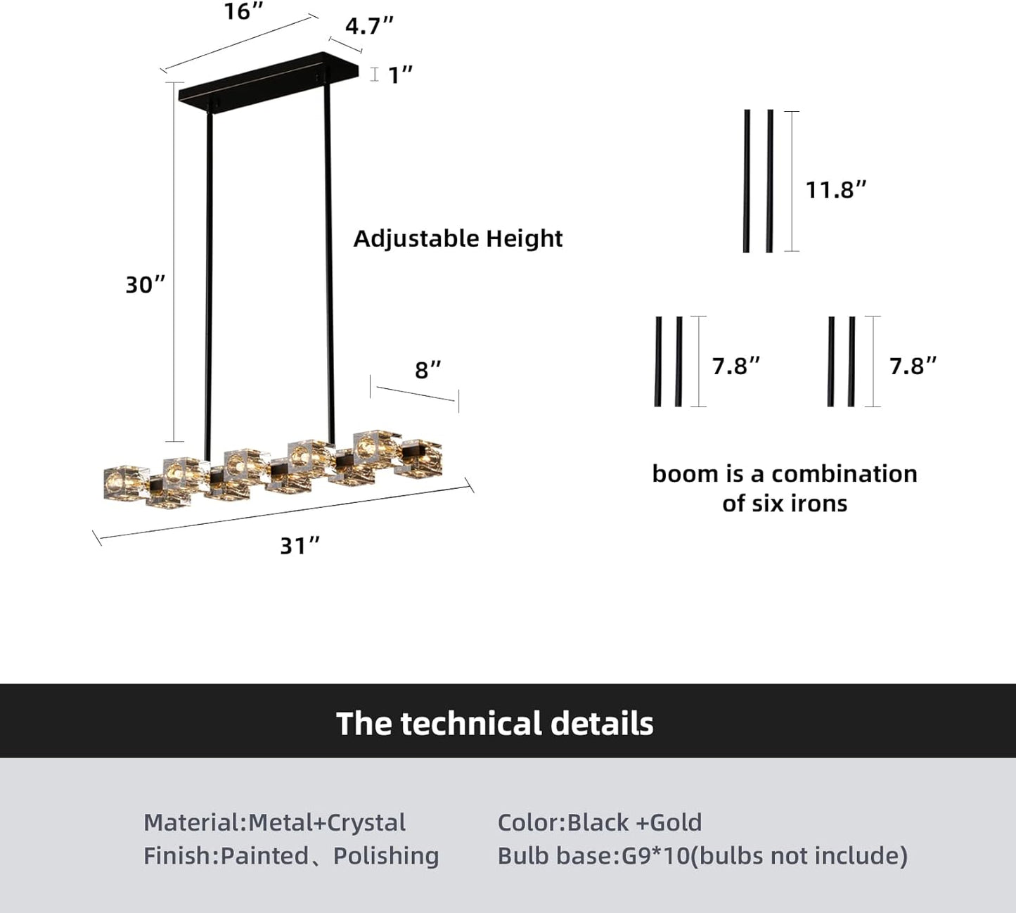 Dining Room Light Fixture,Modern Crystal Chandeleirs Semi Flush Mount Ceiling Light Fixture,Black Metal Crystal Pendant Light for Kitchen Island Farmhouse Dining Room,Living Room (10-Lights)