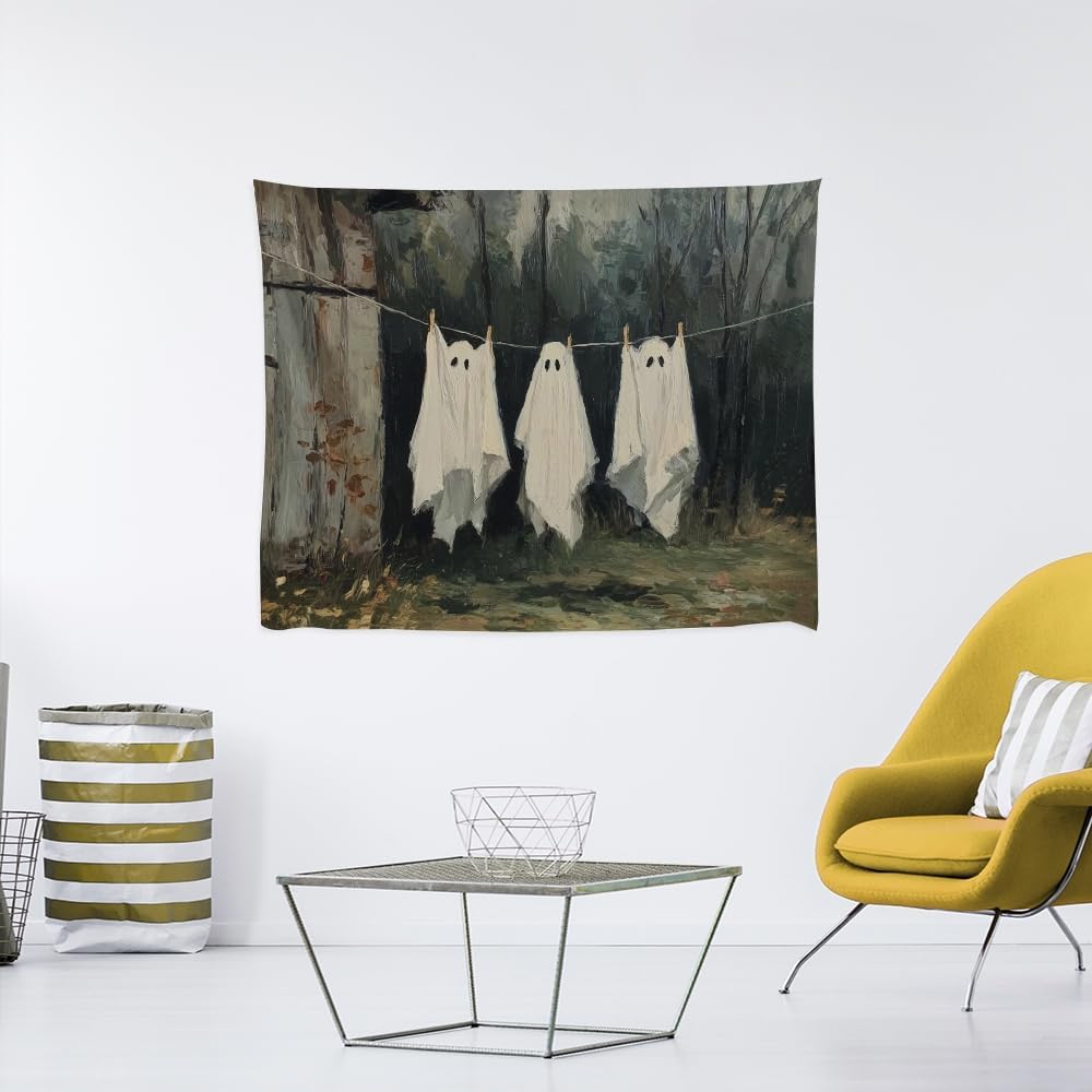 Vintage Halloween Tapestry Funny Ghosts on Clothesline Tapestry Wall Hanging Farmhouse Gothic Room Decor Spooky Ghost Prints for Dark Academia Halloween Party House Decoration Tapestries 60x80inch