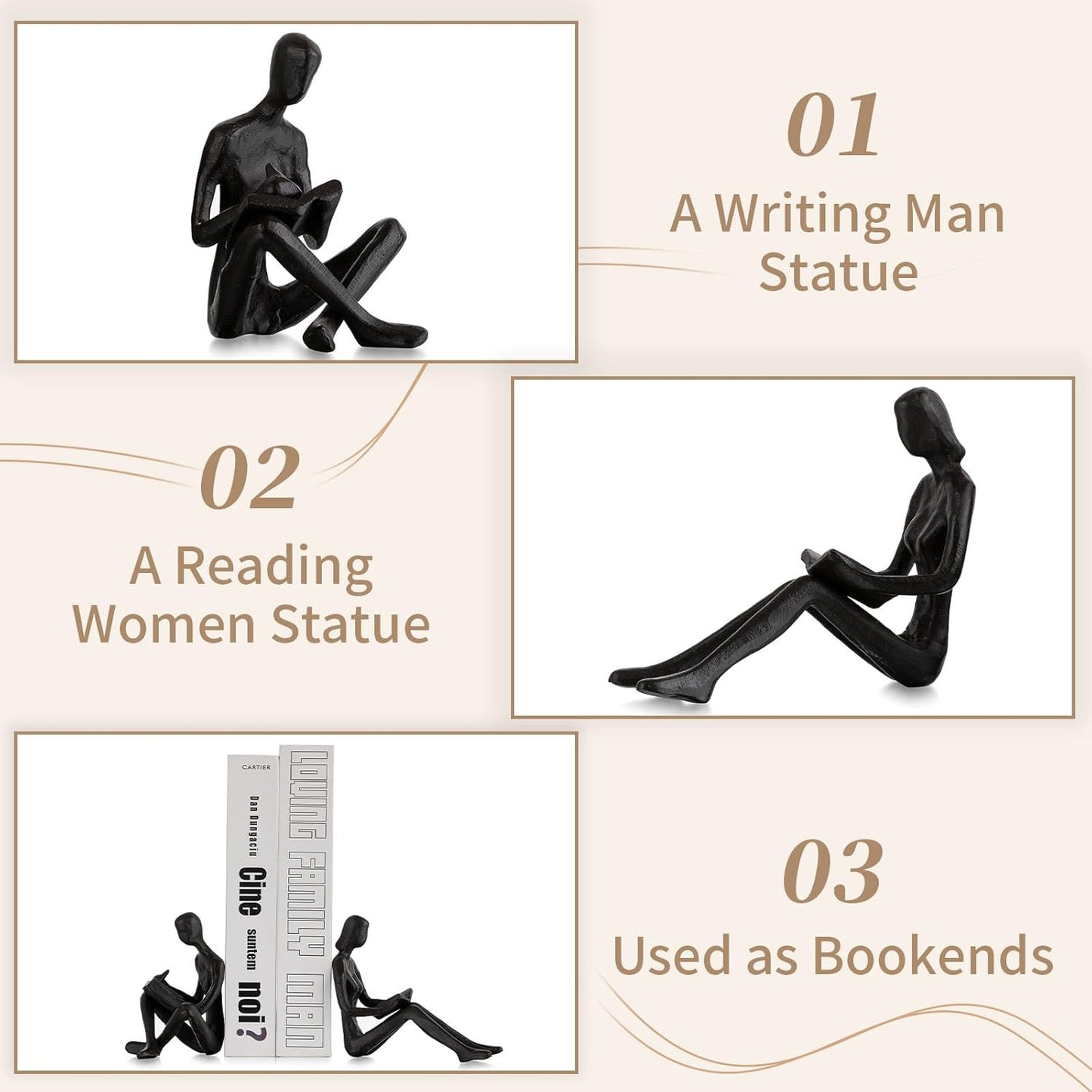 Sziqiqi Book Ends for Shelves Decorative - Cast Iron Bookends for Books Reading Couple Bookshelf Decorative Objects Metal Modern Statue Sculpture Gift for Readers Book Lovers Nerd