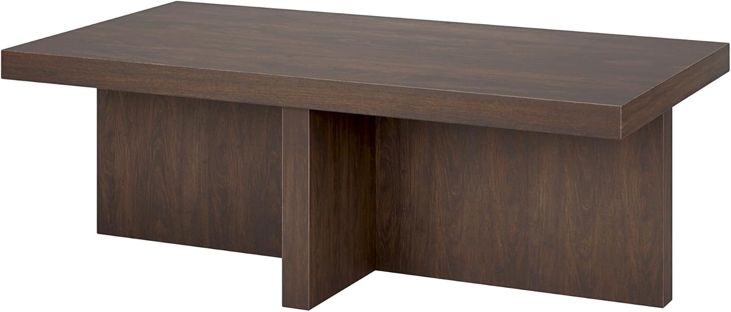 Henn&Hart 44" Rectangular Wood Pedestal Low-Profile Coffee Table for Living Room, Family Room, or Office, Alder Brown