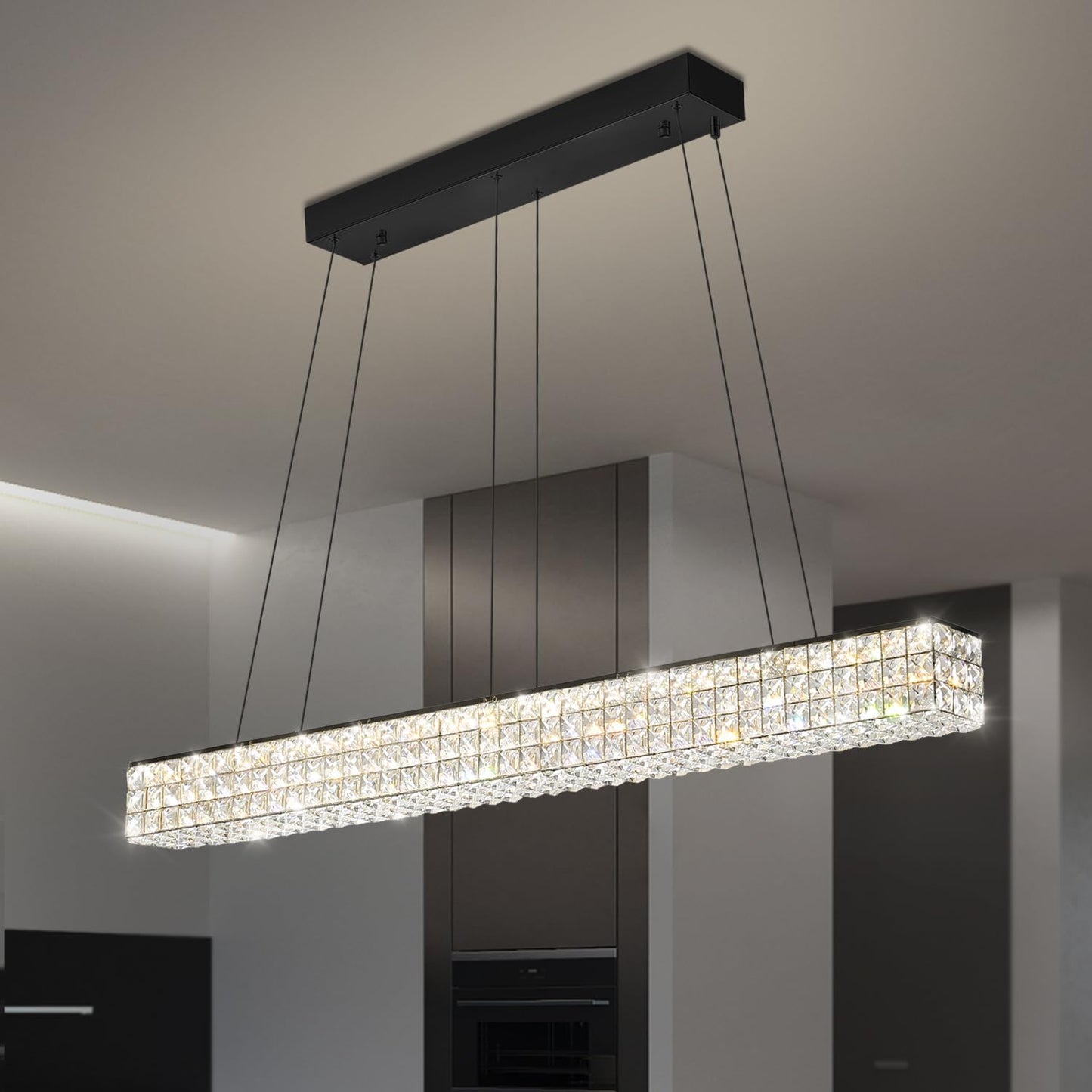 W48 Black Chandeliers for Dining Room, Modern Crystal Pendant Lights Fixture Farmhouse Hanging Dining Light Fixtures for Kitchen Island, Living Room, Bedroom