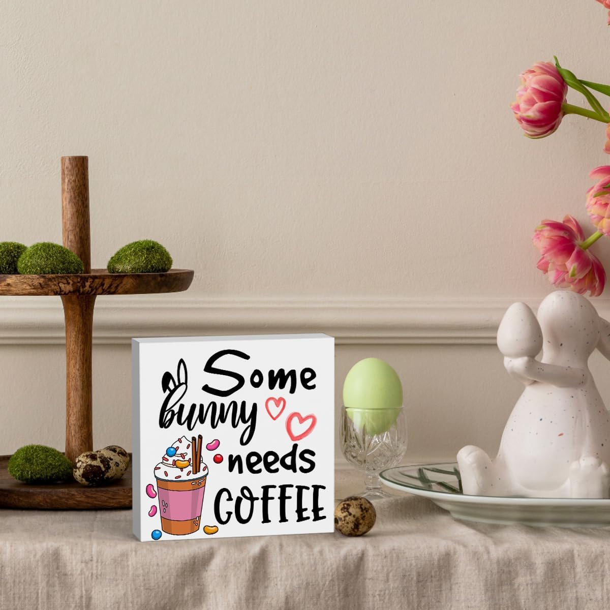 Rustic Farmhouse Easter Country Home Office Coffee Tables Desk Decor Coffee Bar Some Bunny Needs Coffee Sign Cubicle Shelf Tiered Tray Decor Gift Ideas 5 X 5 Inch