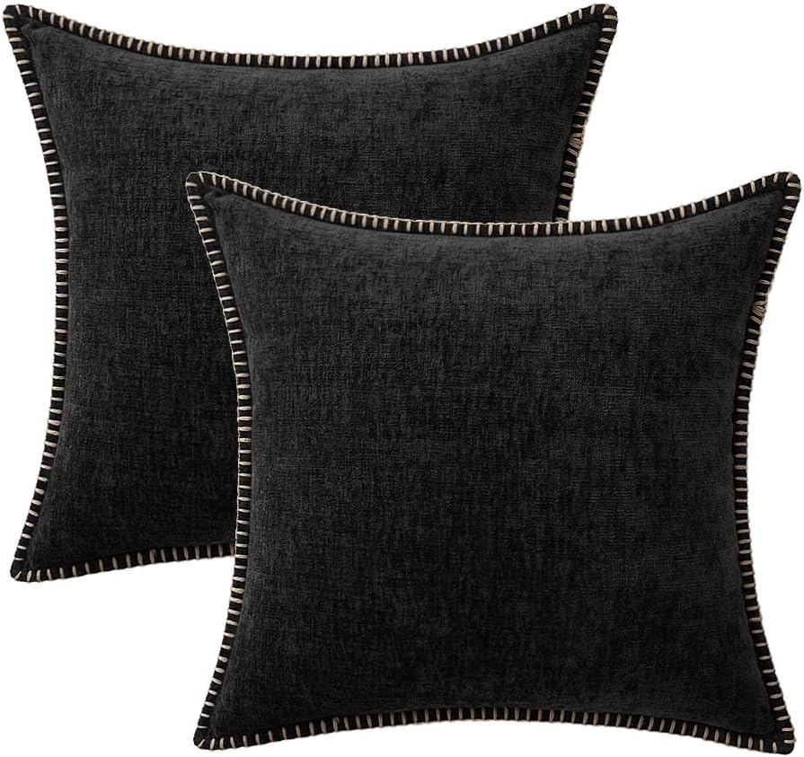 MIULEE Pack of 2 Couch Throw Pillow Covers 20x20 Inch Black Farmhouse Decorative Pillow Covers with Stitched Edge Soft Chenille Solid Dyed Spring Pillow Covers for Sofa Bed Living Room