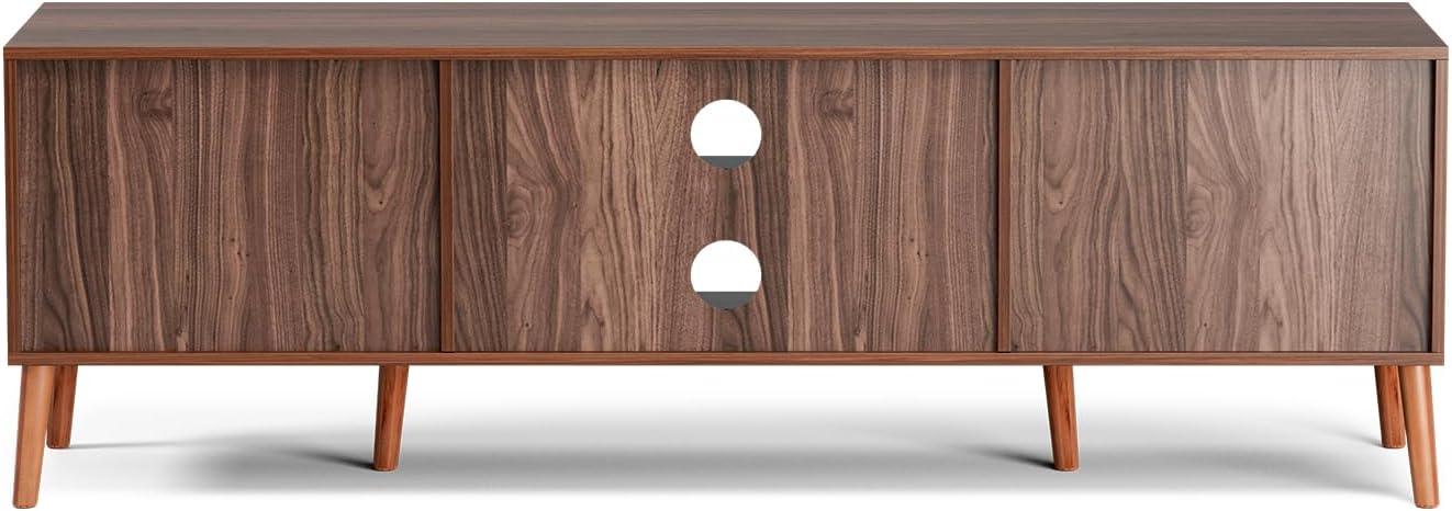 TV Stand for TVs up to 65'', Entertainment Center With Rattan Door, Shelves & 2 Cabinets, Long Boho Media Console for Living Room, Walnut