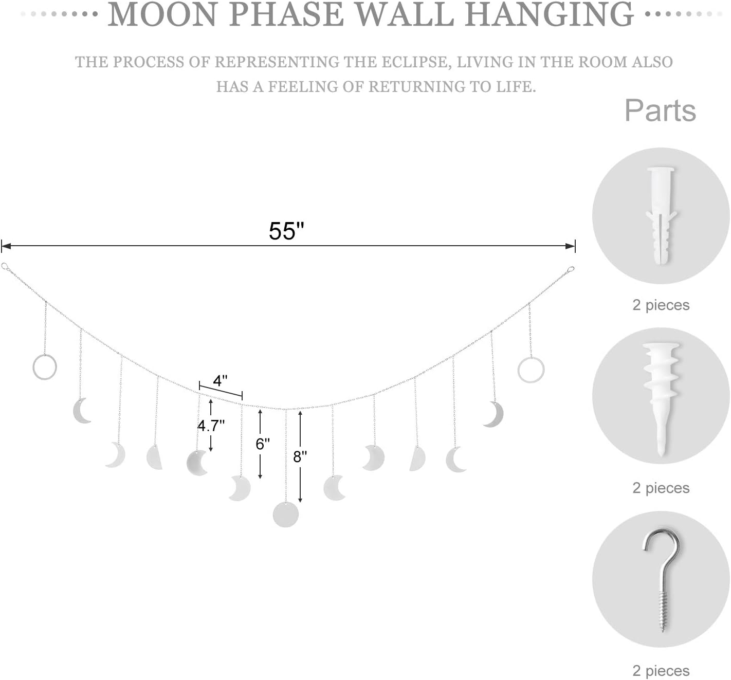 Mkono Moon Phase Wall Hanging Boho Aesthetic Room Decor Metal Moons Garland Hanging Art Bohemian Home Decoration for Girls Room Nursery Bedroom Livingroom Dorm, Ideal, Silver, 55"