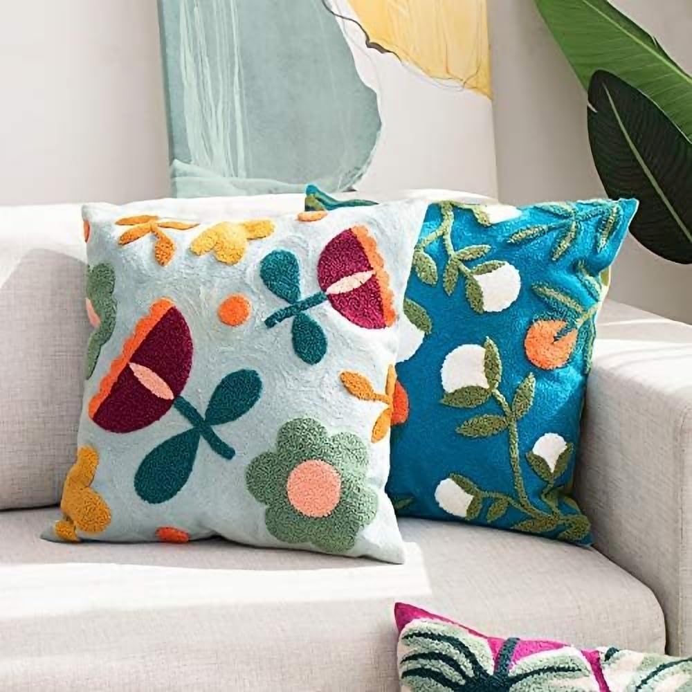 MOCOFO Canvas Embroidered Throw Pillow Cover with Flower Spring Embroidery Craft Modern Simple Sofa Office Pillow Pillow Case (Flower, 18x18’’)