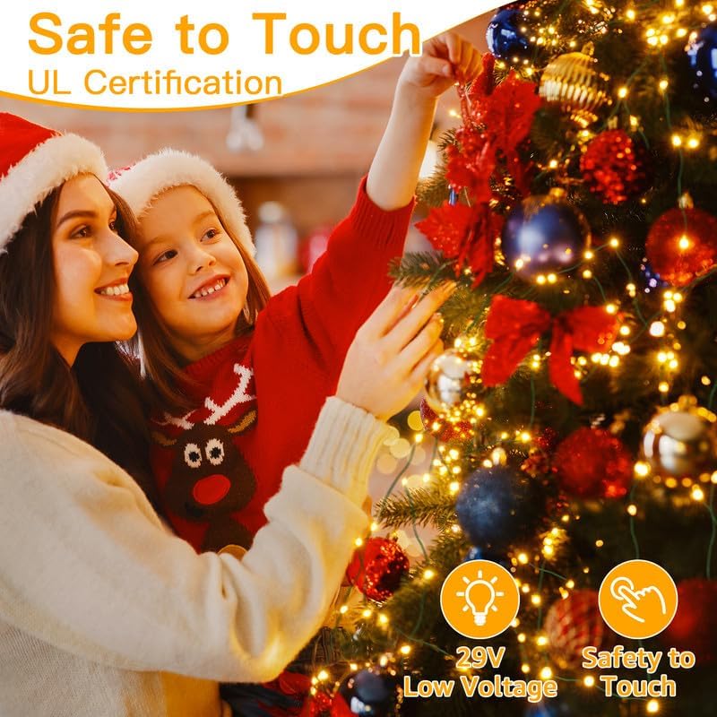 Ollny 198 FT 600 LED Outdoor Waterproof Plug in Christmas Tree Lights with 8 Modes Remote Timer, String Lights for House Yard Outside Indoor Xmas Decorations Warm White