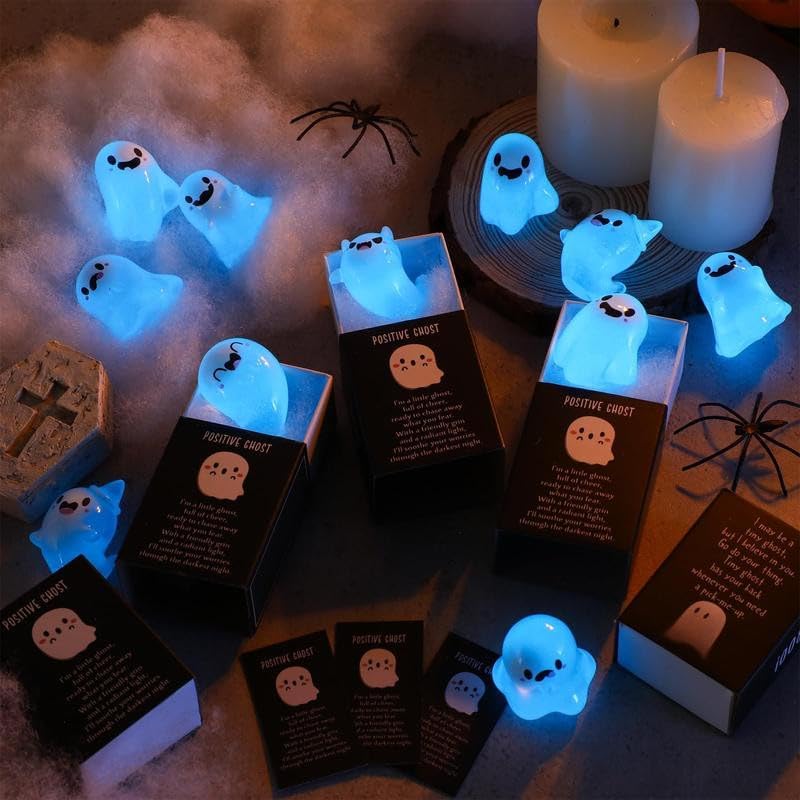 32 Sets Halloween Mini Ghost Figures with Box, Glow in The Dark Mini Resin Ghosts, Luminous Ghost Miniature Resin Figurines for Halloween Party Favors (12PCS)