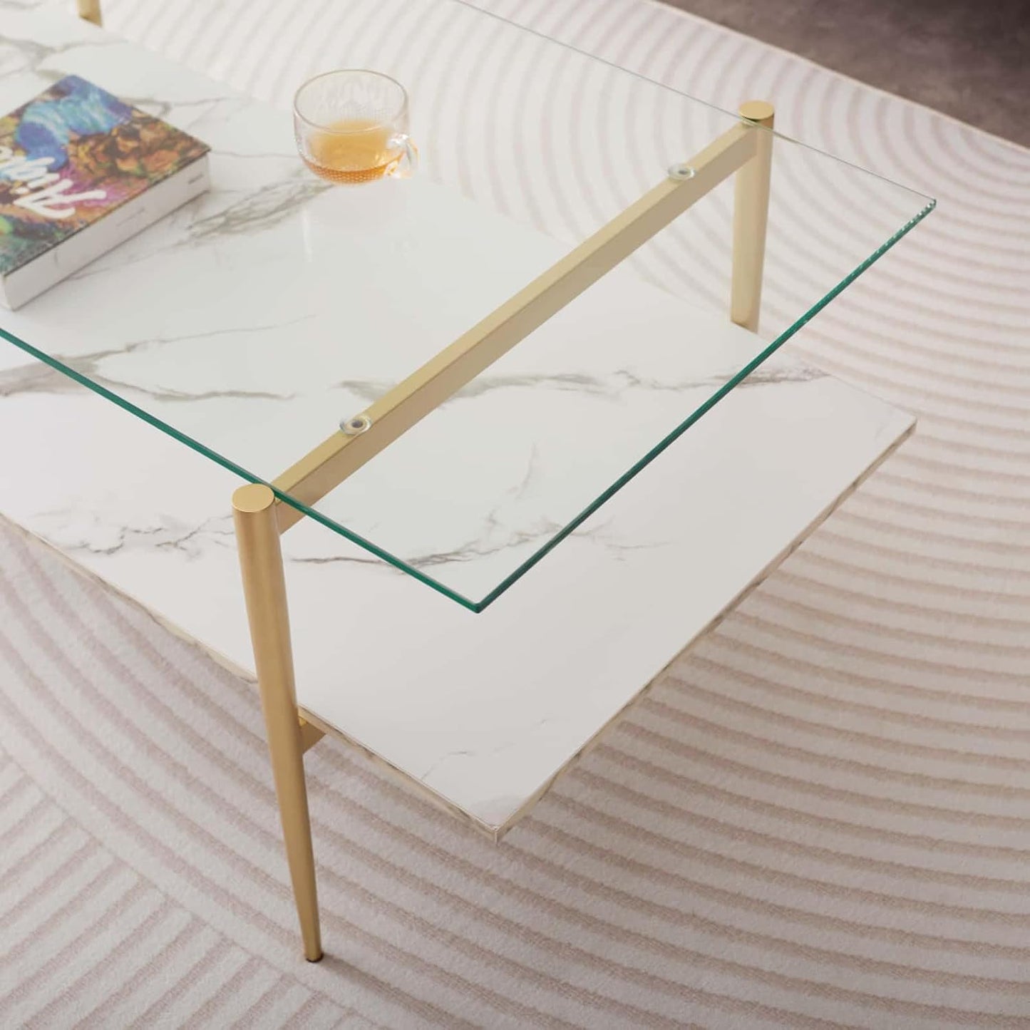 Rectangle Coffee Table for Living Room, Mid-Century Modern Design, L41 x W21 x H17, 2-Tier Structure, Clear Glass Top and White Marble Finish Wood Shelf, Conical Legs with Gold Finish
