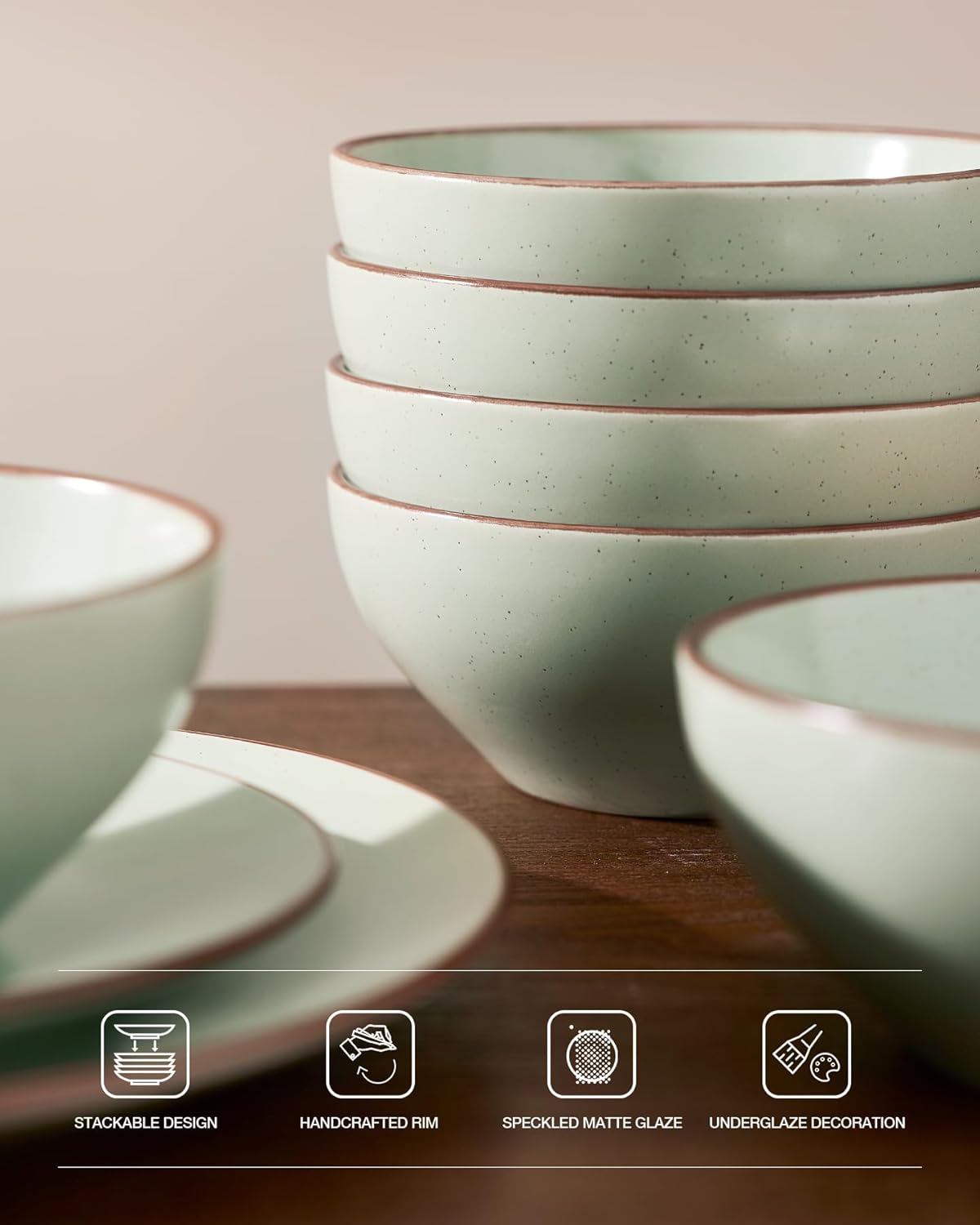 Famiware Venus Plates and Bowls Sets, 12 Pieces Stoneware Speckled Dinnerware Sets, Dishes Set for 4, Microwave and Dishwasher Safe, Matte Light Green