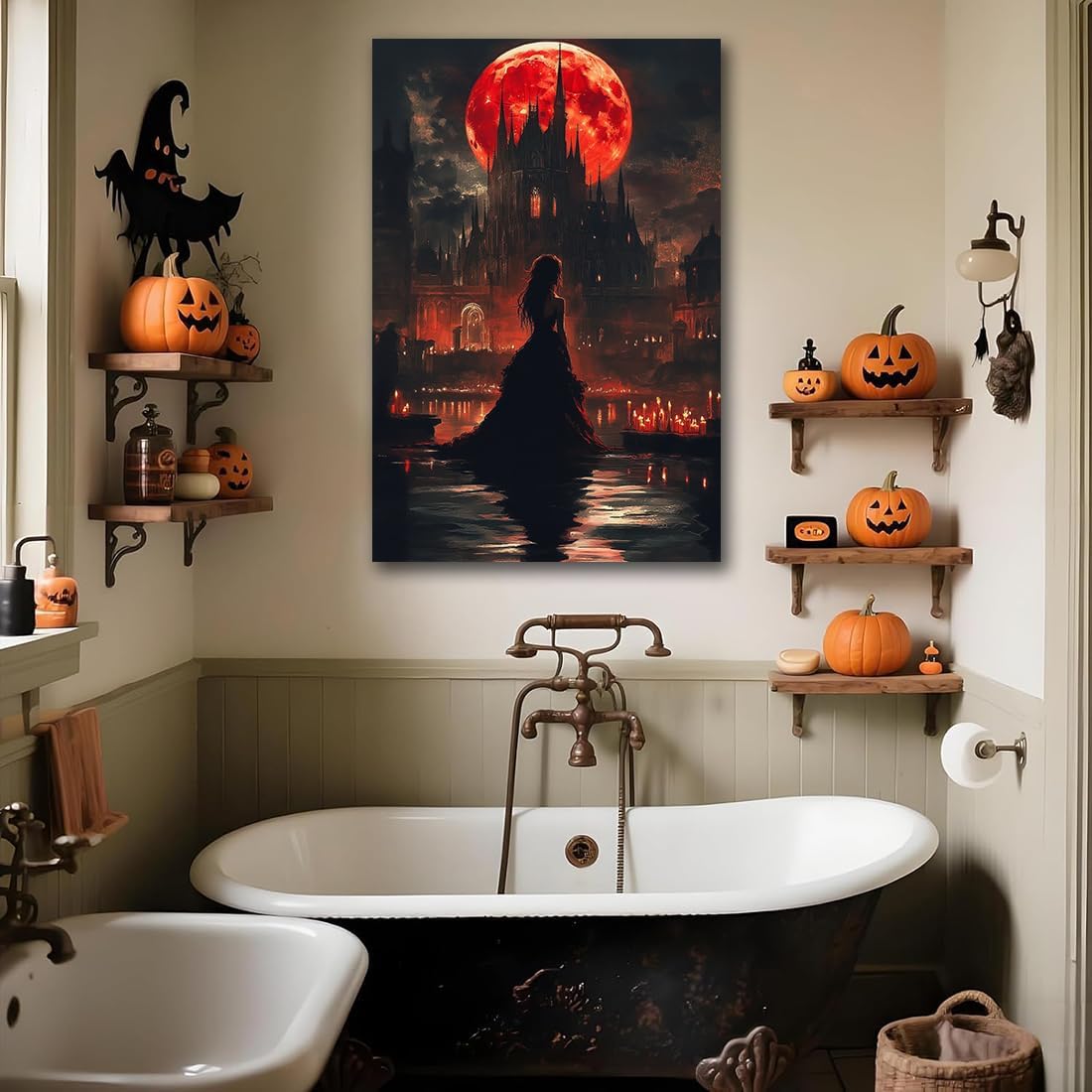 Halloween Witch Poster Canvas Prints Art Vintage Decor,Red Castle Blood Moon and Witch Scene Gothic Painting,Rustic Dark Academia Wall Art for Bathroom Spooky Living Room Wall Decor,16"x24" Framed