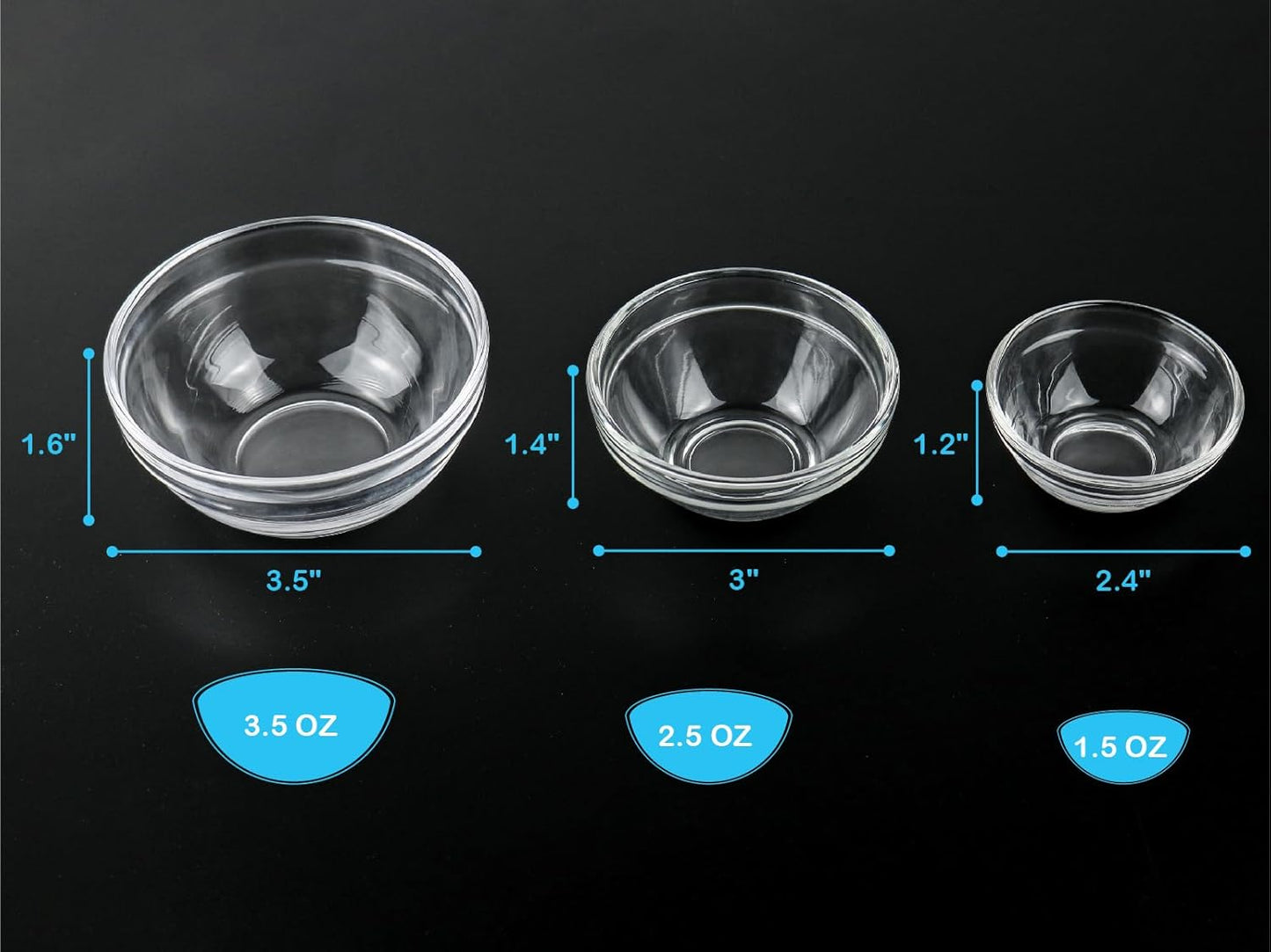 HillSpring 3 Sizes of Glass Prep Bowl Sets, Clear Small Pinch Bowls for Salt, Spices and Chopped Ingredients, 1.5oz/2.5oz/3.5oz, Set of 12