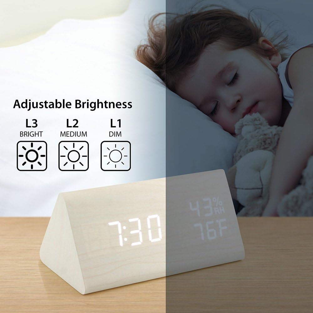 OCT17 Wooden Alarm Clock, Wood Alarm Clock Smart LED Digital Clock for Bedroom/desks, Upgraded with Time Temperature, Adjustable Brightness and Voice Control, Humidity Displaying - White