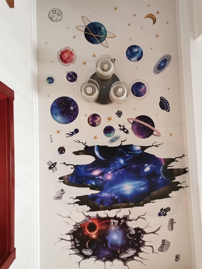 Quanhaigou Blue Purple Galaxy Wall Decals, Removable Sticker,The Art Magic 3D Milky Way Cosmic Stars Spacecraft Dreamscape Home Decor for Bedroom Living Room Floor Ceiling Kids Room