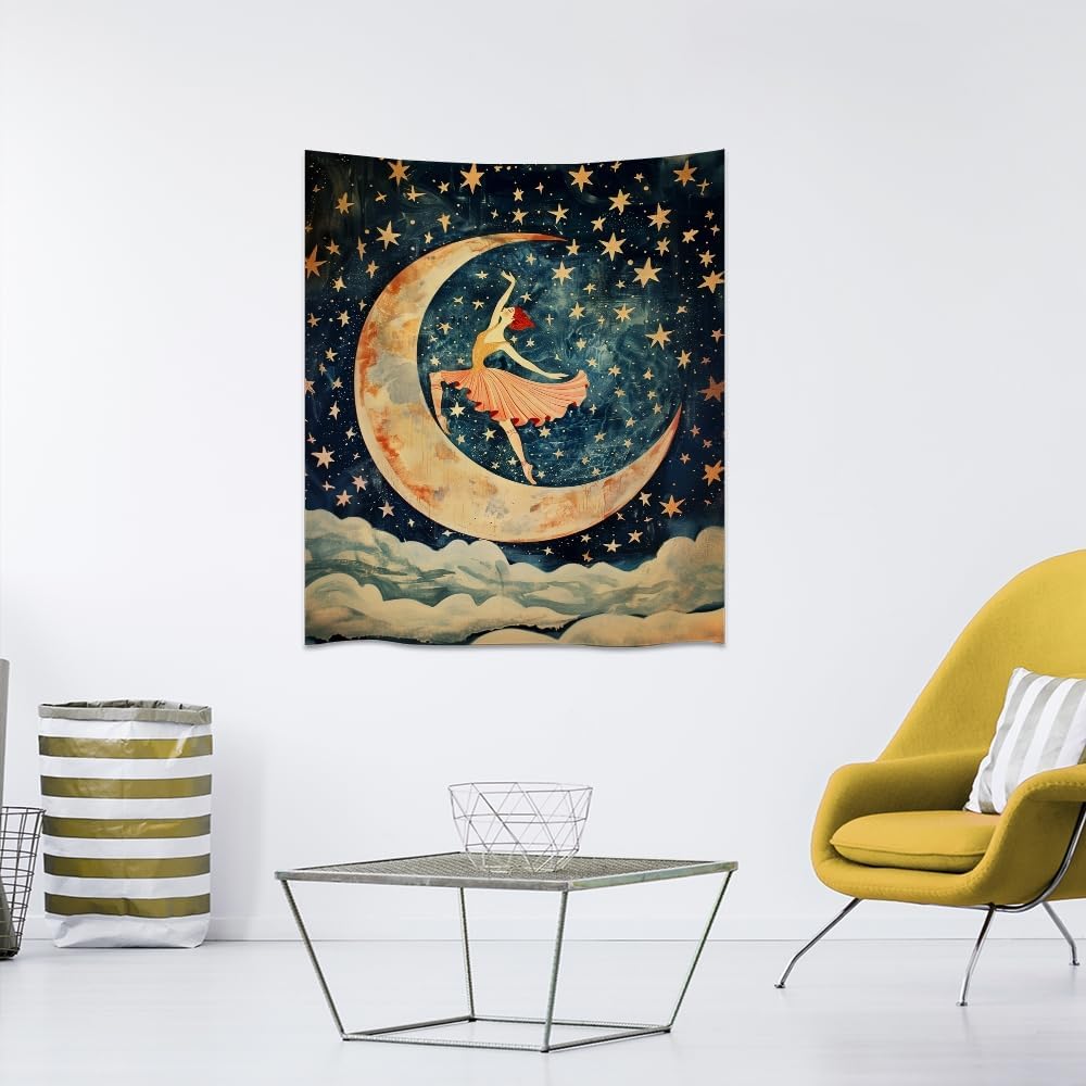 Dancer on the Moon Tapestry Starry Night Sky Art Print Dark Academia Gothic Aesthetic Wall Hanging Stars Moon Clouds Tapestries Whimsical Wall Decor for Nursery Bedroom 70x90inch