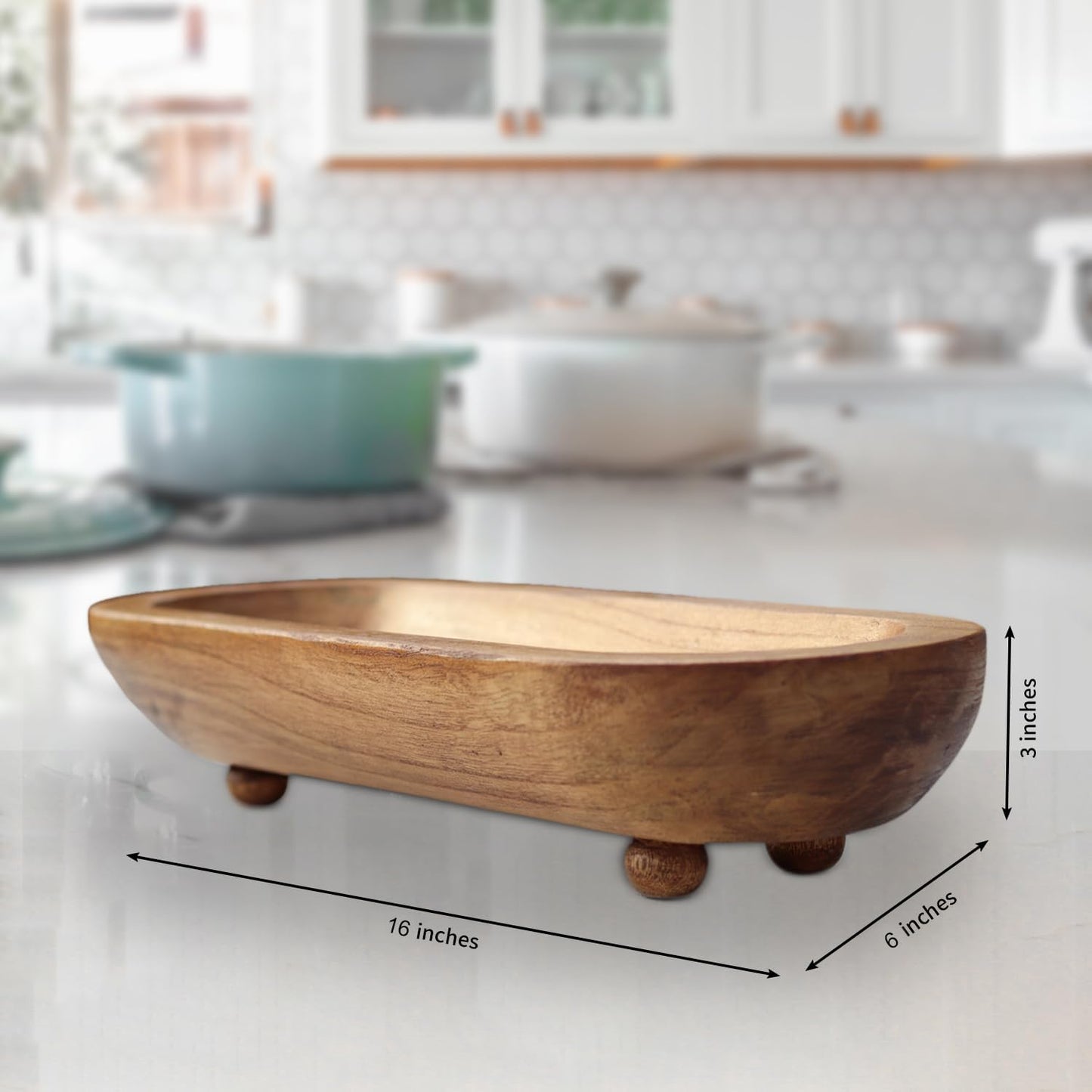 Rustic Handcrafted Wooden Dough Bowl for Decor - Wooden Bowls Decorative, Organic Modern Style, Decor Bowl, Centerpiece Bowl Four Legged Base Artisan Crafted Dough Bowl for Stylish Home Kitchen Decor