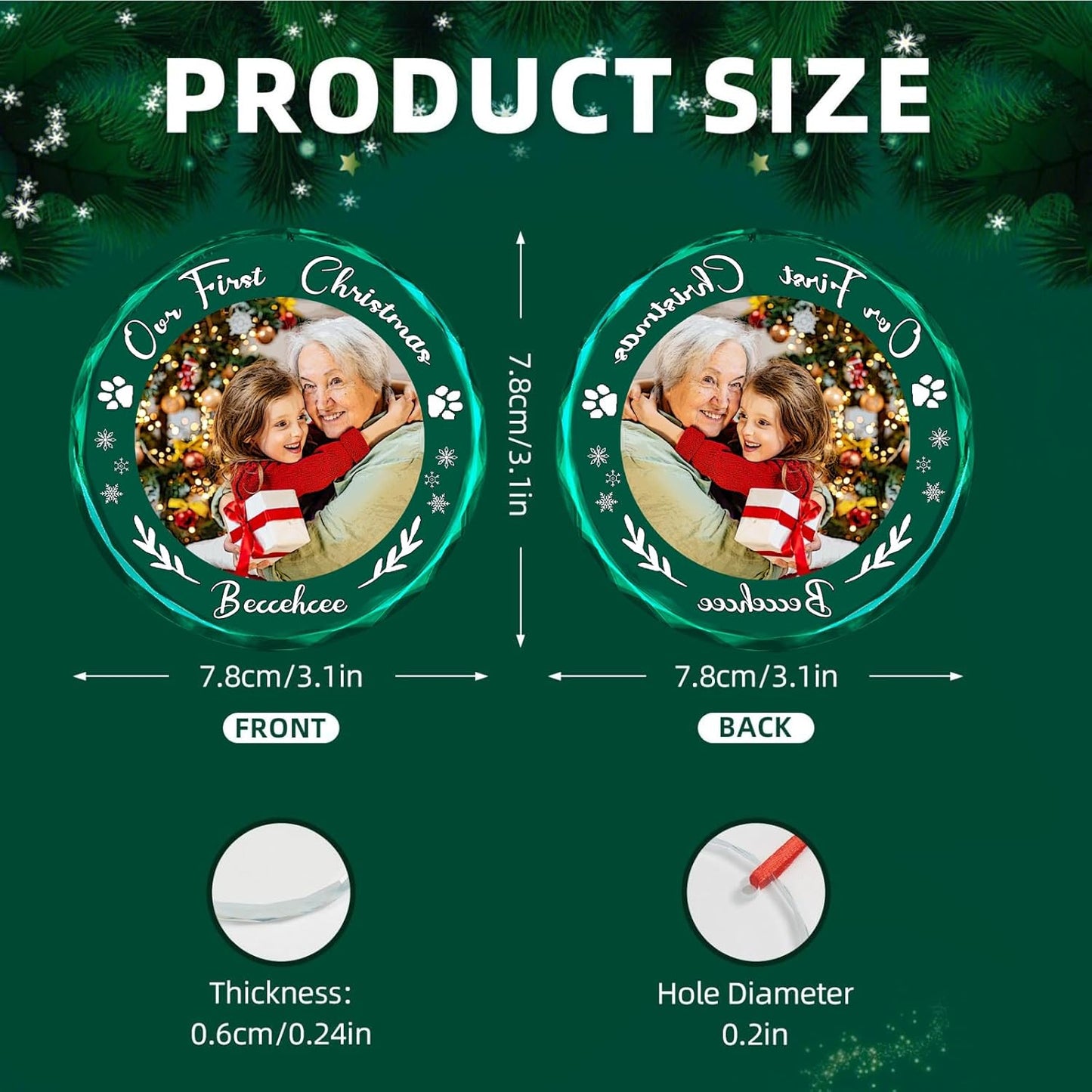 Personalized Christmas Ornaments, Custom Glass Ornament with Name/Photo/Text,Customized Christmas Tree Decor Gifts for Family, Dad, Mom, Him, Her, Couple,Snowflake