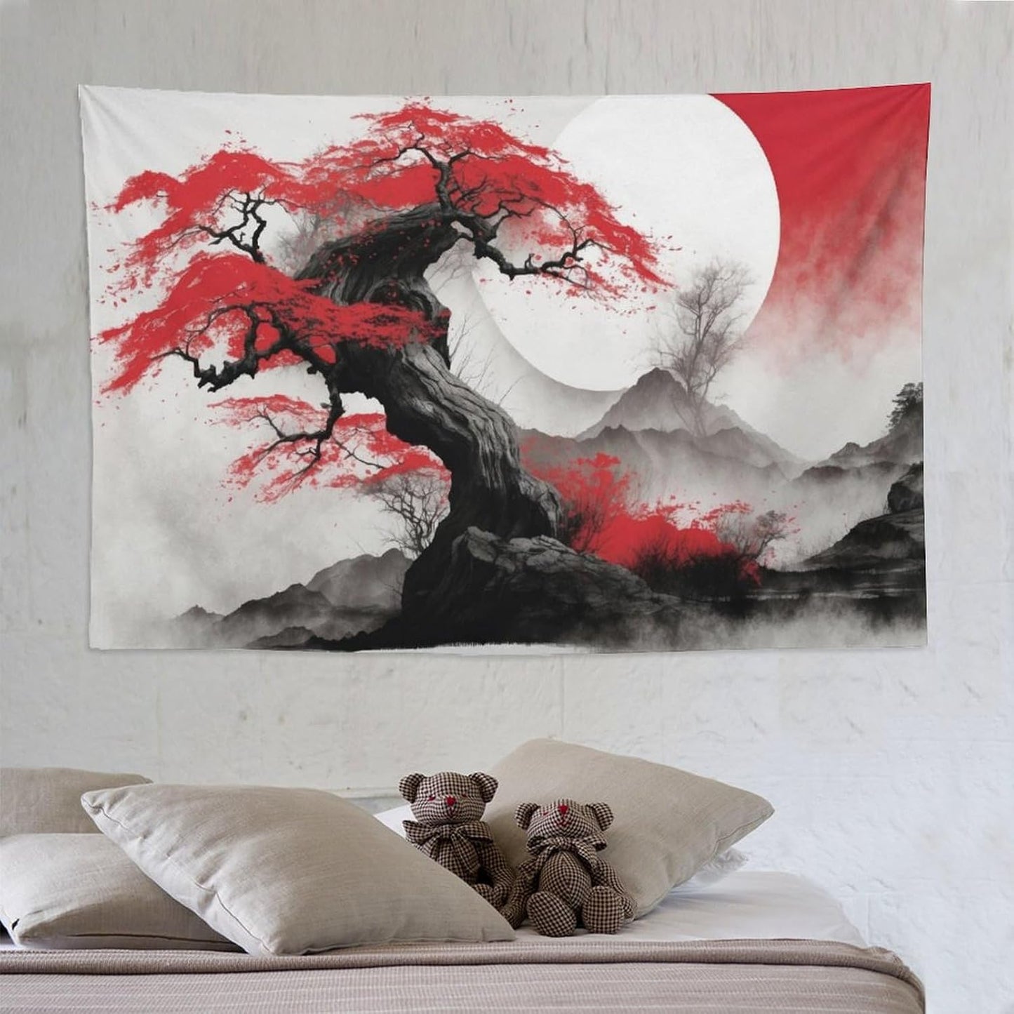 Cherry Blossoms Tapestry, Japanese Red Landscape Asian Watercolor Abstract Art, Bedroom Living Room Decor 90"x60"