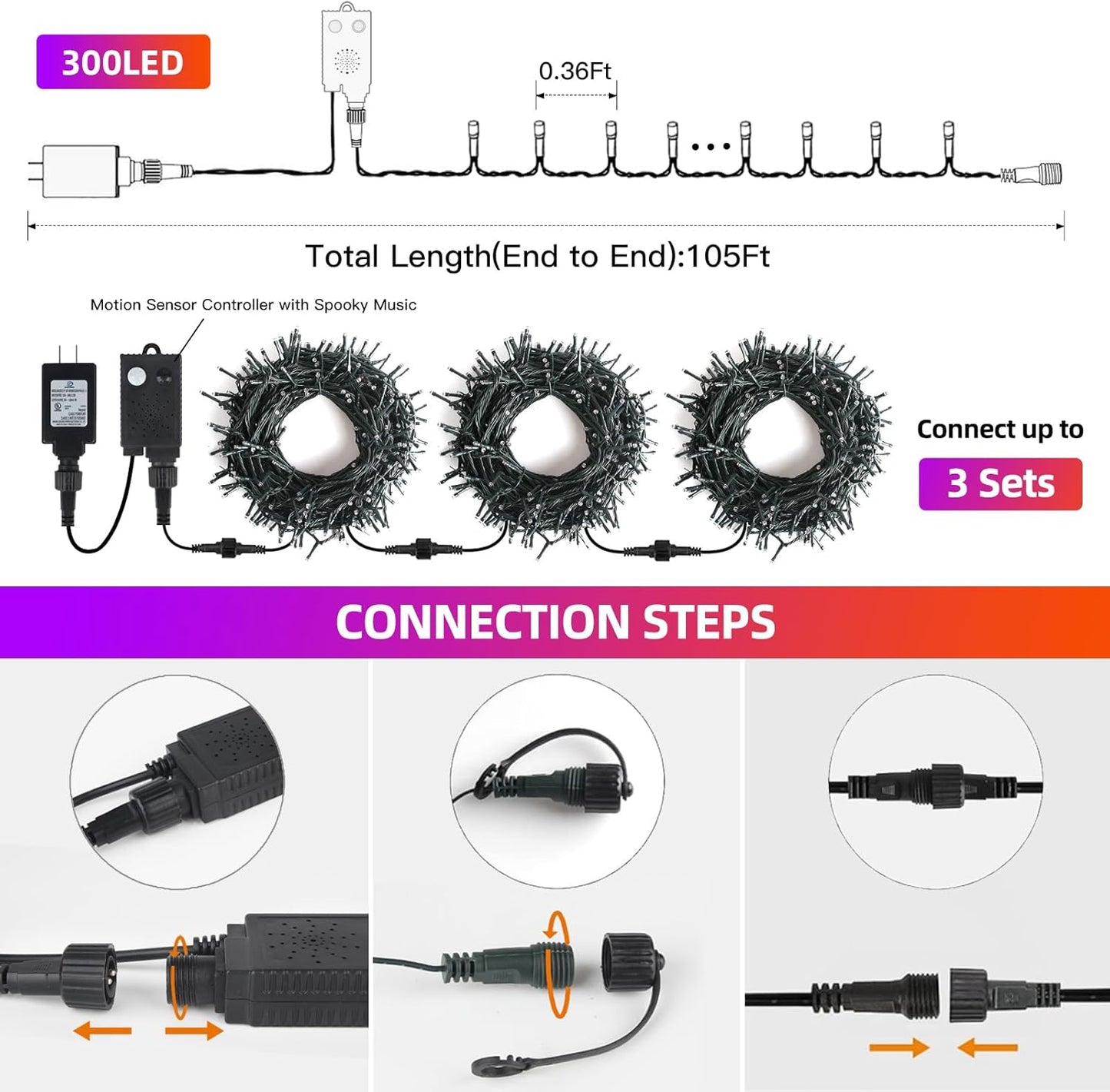 XTF2015 Halloween Lights, 105FT 300 LED Halloween String Lights with Spooky Music Motion Sensor Controller Twinkle Waterproof Purple Orange Light Plug in for Indoor Outdoor Tree Party Yard Room Decor