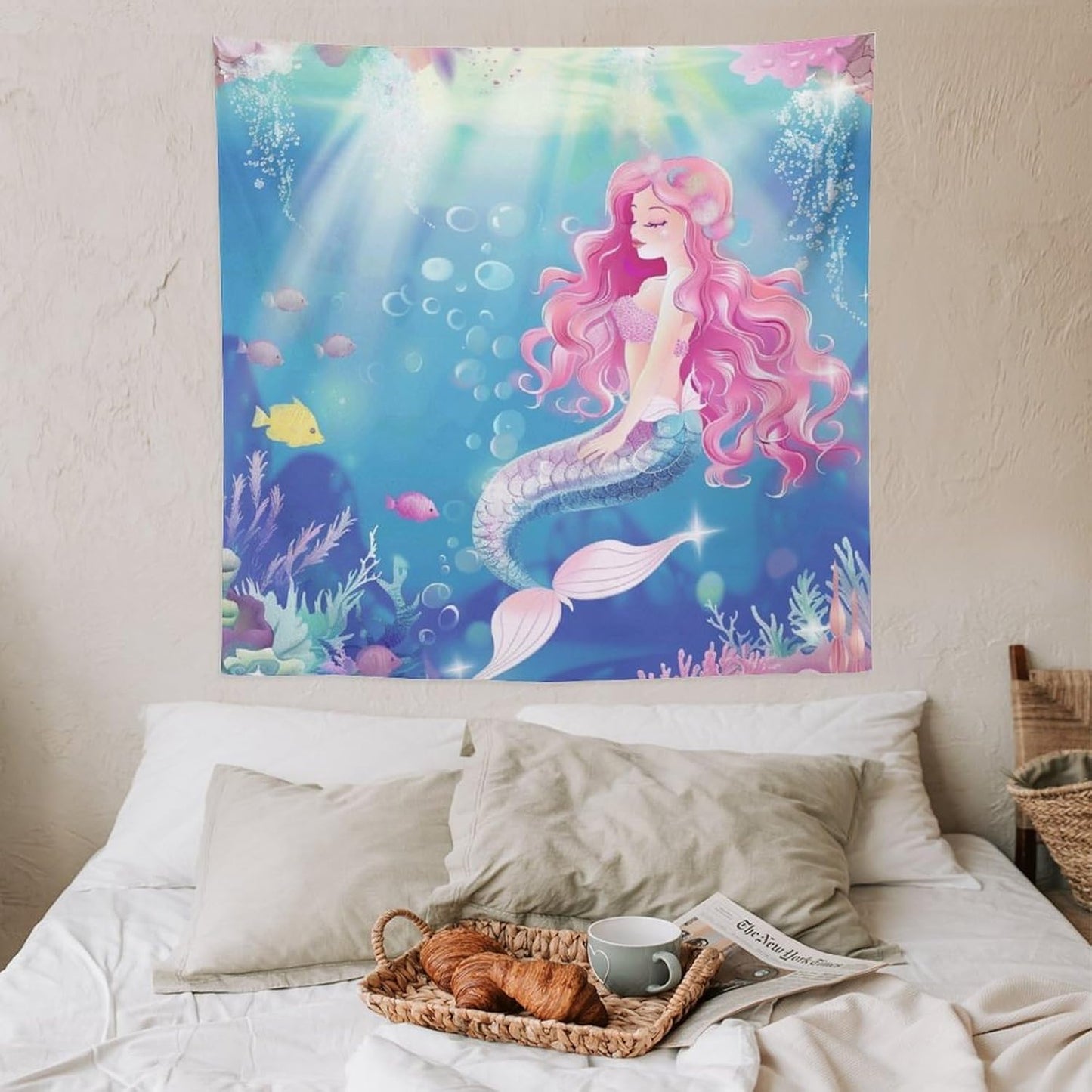 HZOHNAGO Mermaid Girls Tapestry Watercolor Mermaid Princess Pink Hair Pattern for Kids Room Decoration Printed Wall Tapestry Wall Hanging for Bedroom Living Room Dorm 60" W x 60" H