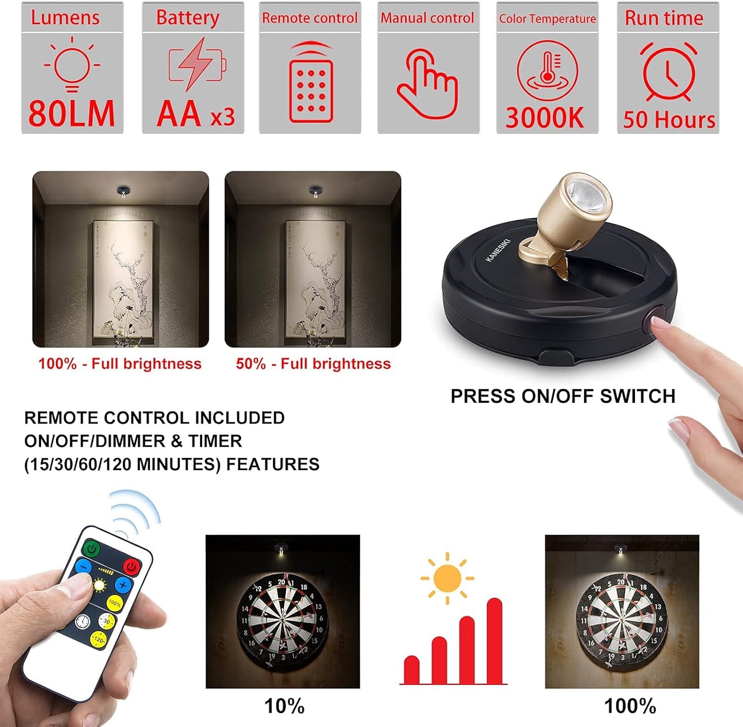 Spotlight Battery Operated, Wireless LED Puck Light, Dimmable Accent Spot Light for Plant Tree Indoor, Stick Uplighting for Display Photo Dartboard Painting Artwork Gallery Portrait, 2 Pack