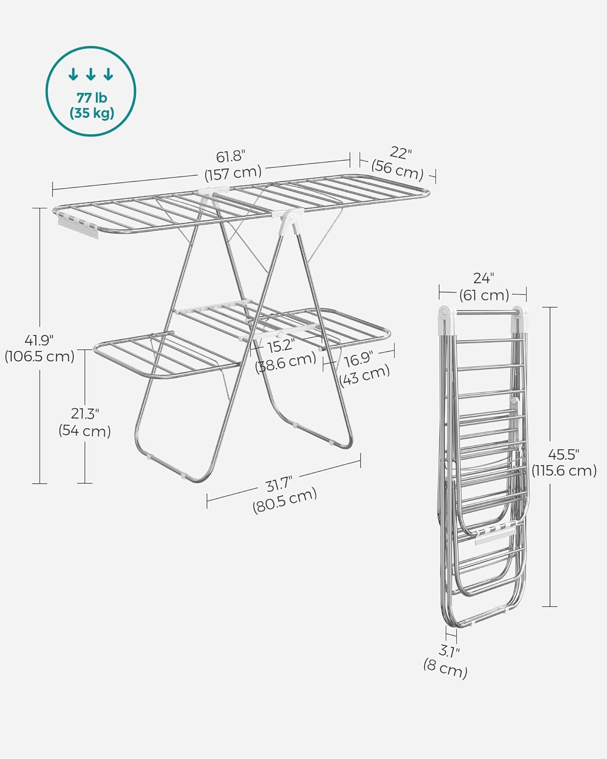 SONGMICS Clothes Drying Rack, Foldable 2-Level Laundry Drying Rack, Free-Standing Laundry Airer, with Height-Adjustable Wings, 33 Drying Rails, Sock Clips, Silver and White ULLR053W01V1