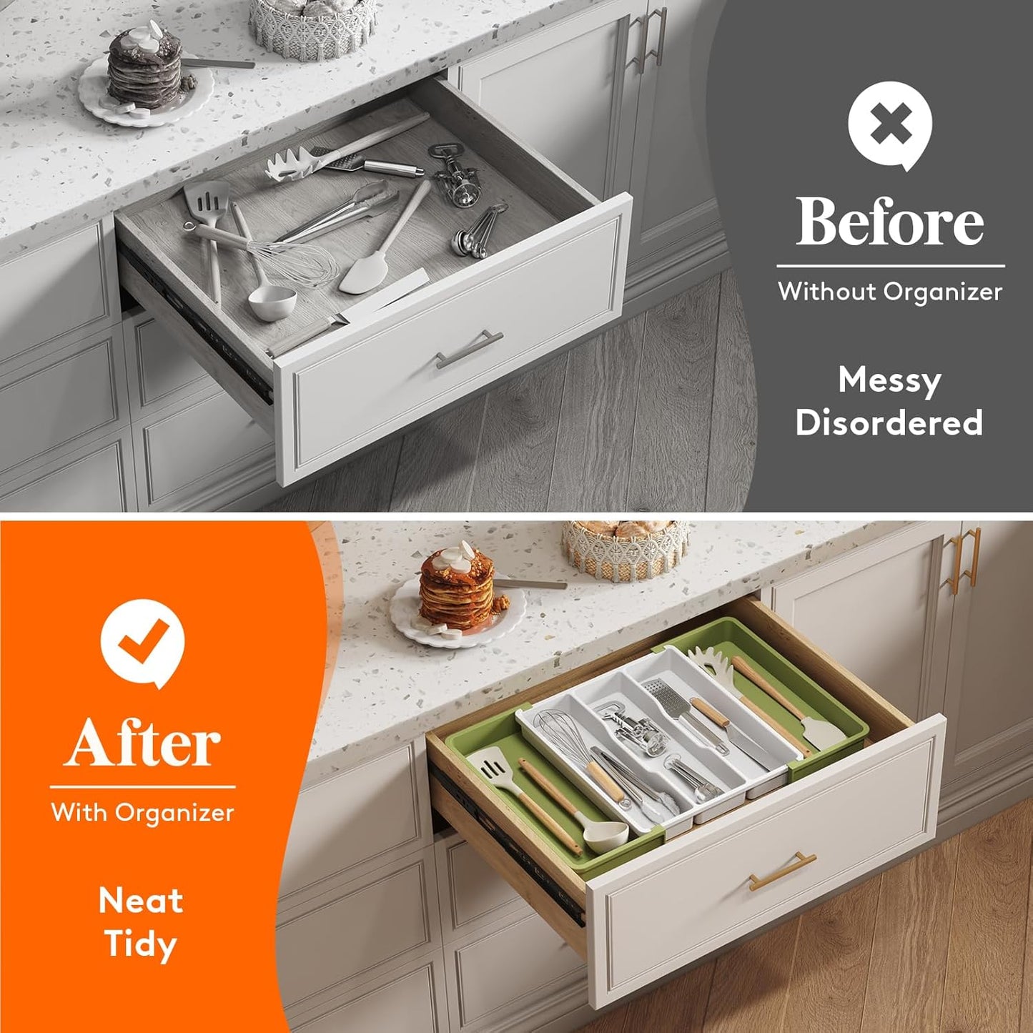 Lifewit Utensil Organizer for Kitchen Drawers, Expandable Cooking Utensil Tray, Adjustable Cutlery Silverware Flatware Holder, Plastic Spatula Tools and Gadgets Storage Divider, Large, Green&White