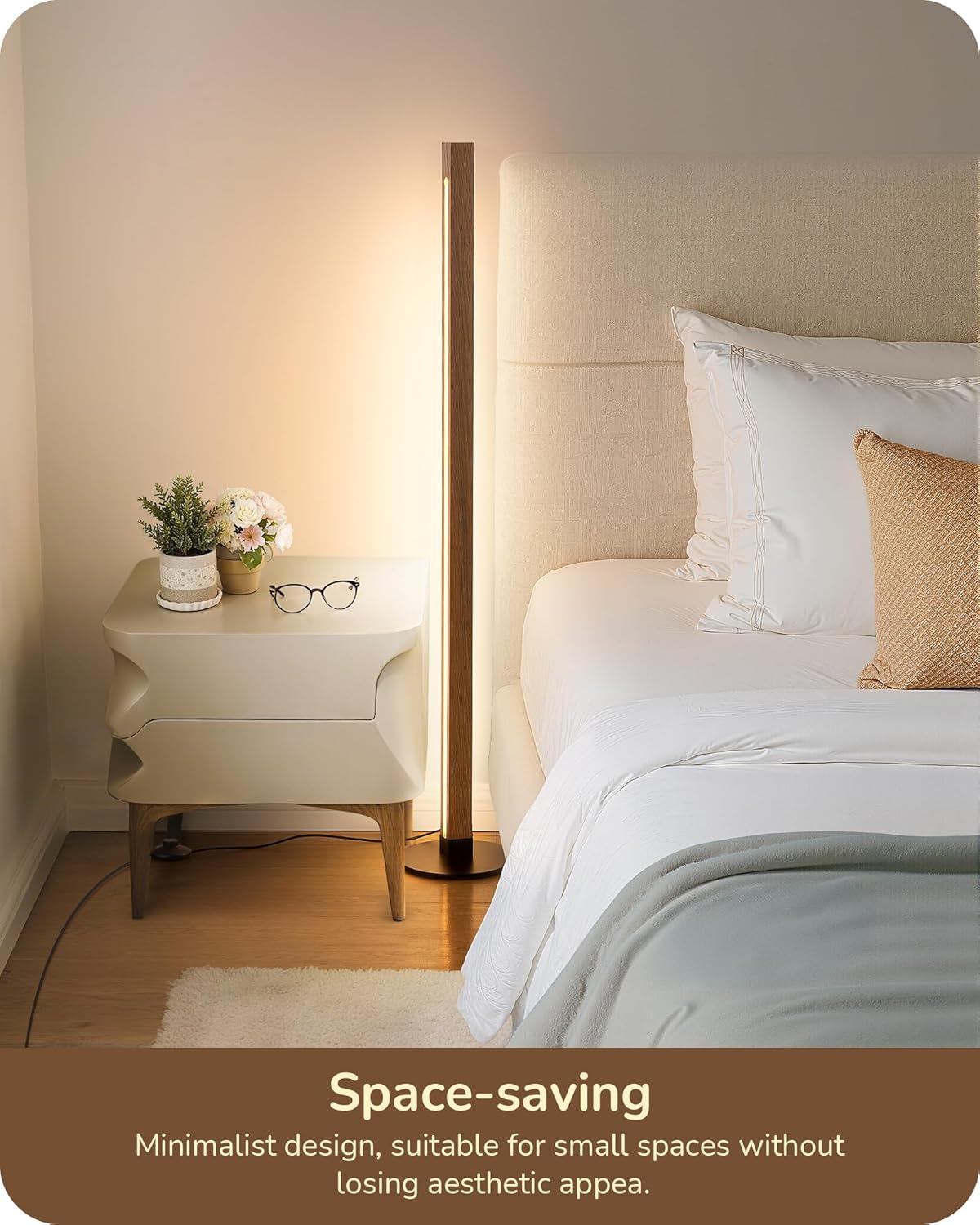 EDISHINE Wood Floor Lamp, Upgraded Dual-Sided Lighting, Minimalist Floor Lamps for Living Room, Corner Floor Lamp with Remote/Foot Control, 7CCT & Dimmable Corner Lamp for Bedroom, Office, Walnut Wood